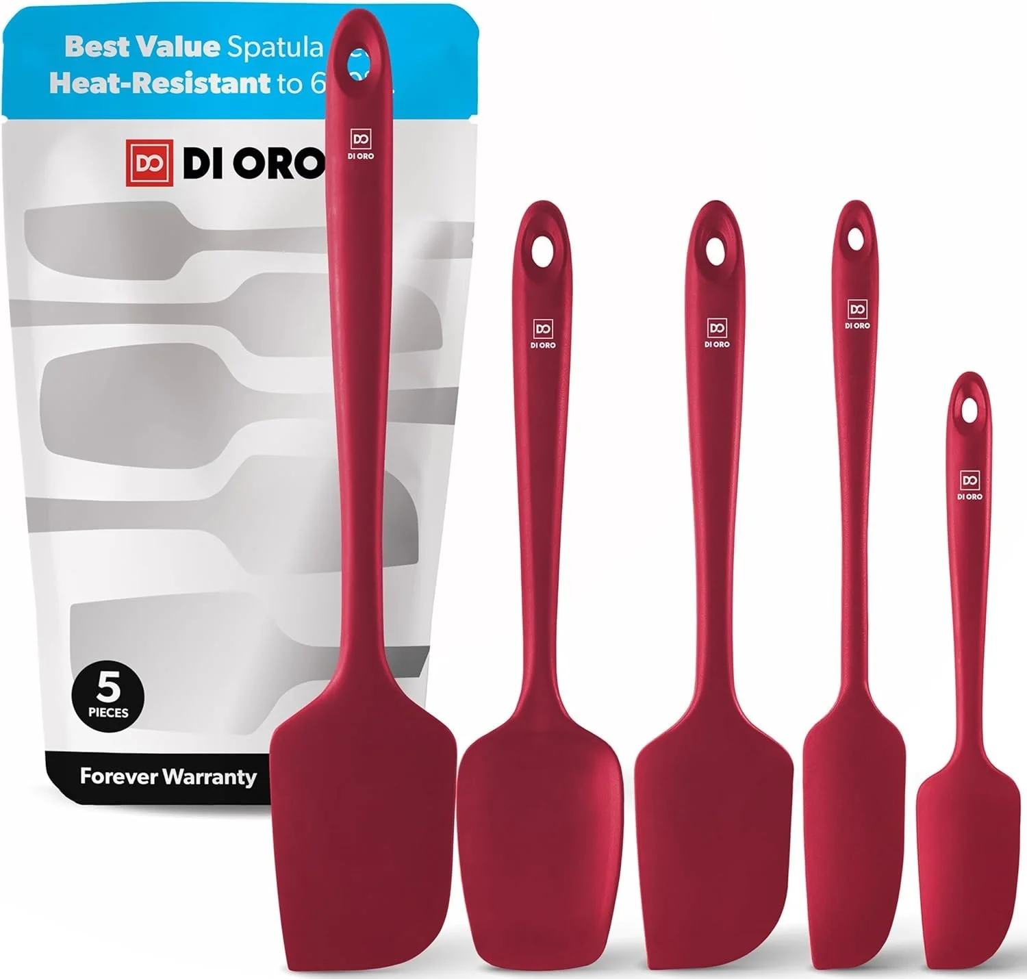 DI ORO Silicone Spatula Set - Rubber Kitchen Spatulas for Baking, Cooking, & Mixing - 600°F Heat-Resistant & BPA Free Silicone Scraper Spatulas for Nonstick Cookware - Dishwasher Safe (5pc, Red)