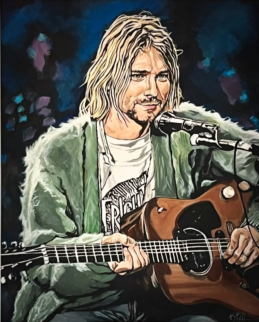 Painting of a man with long blonde hair playing an acoustic guitar and singing into a microphone, wearing a green jacket and a white t-shirt.