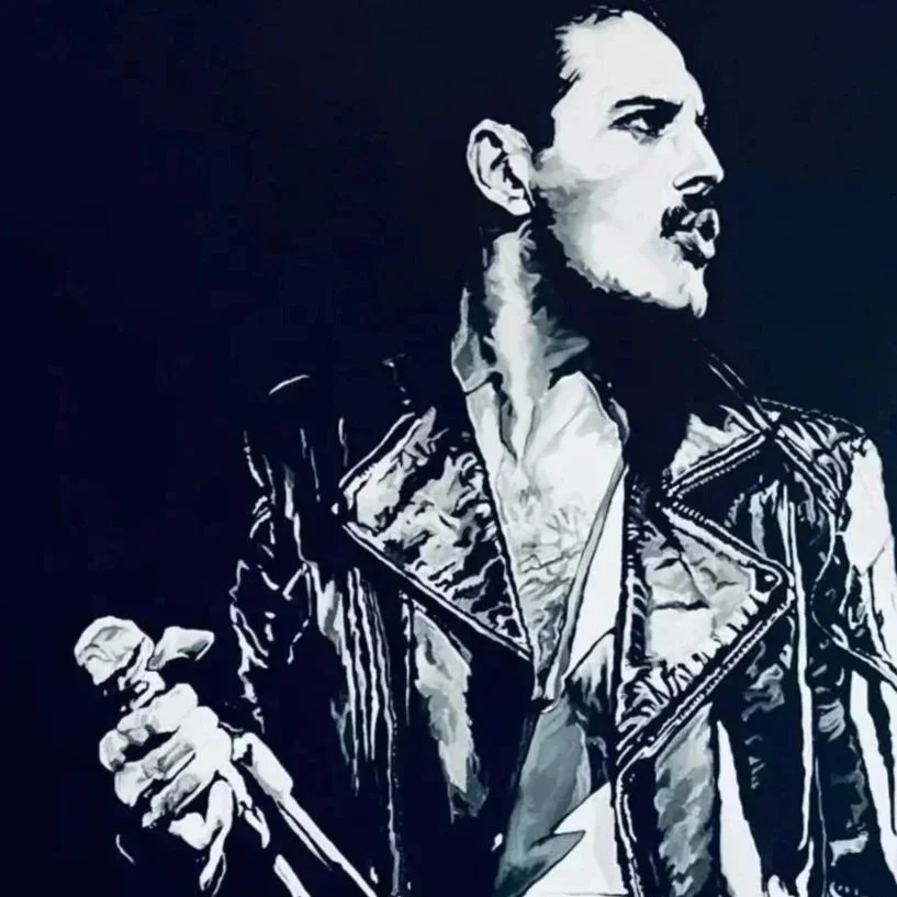 A black and white illustrated portrait of a man with a mustache and beard, wearing a leather jacket, holding a microphone in his right hand, and looking to the right.