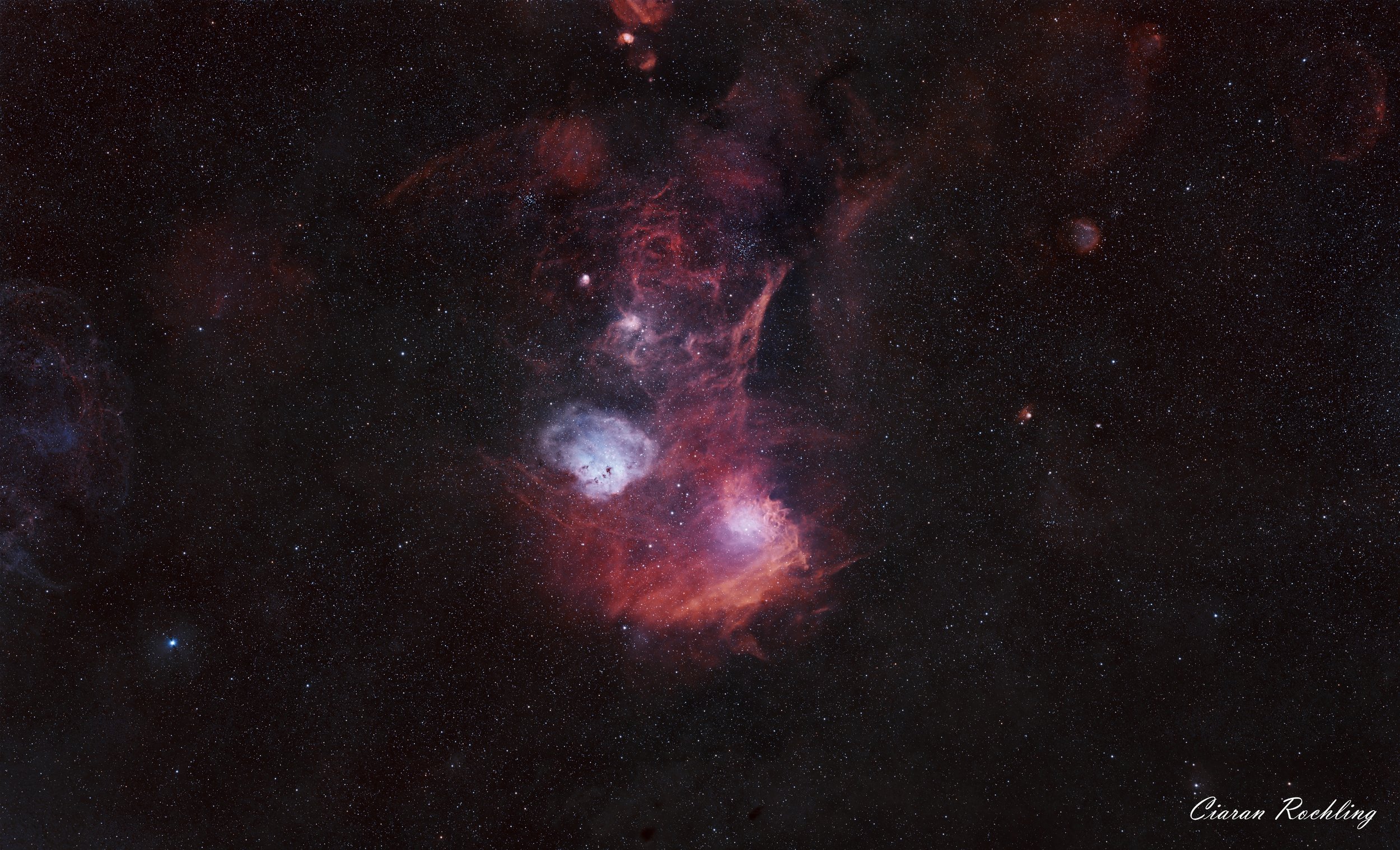 Flaming Star and Tadpoles Nebulae (Dual Narrowband Ha & Oiii)