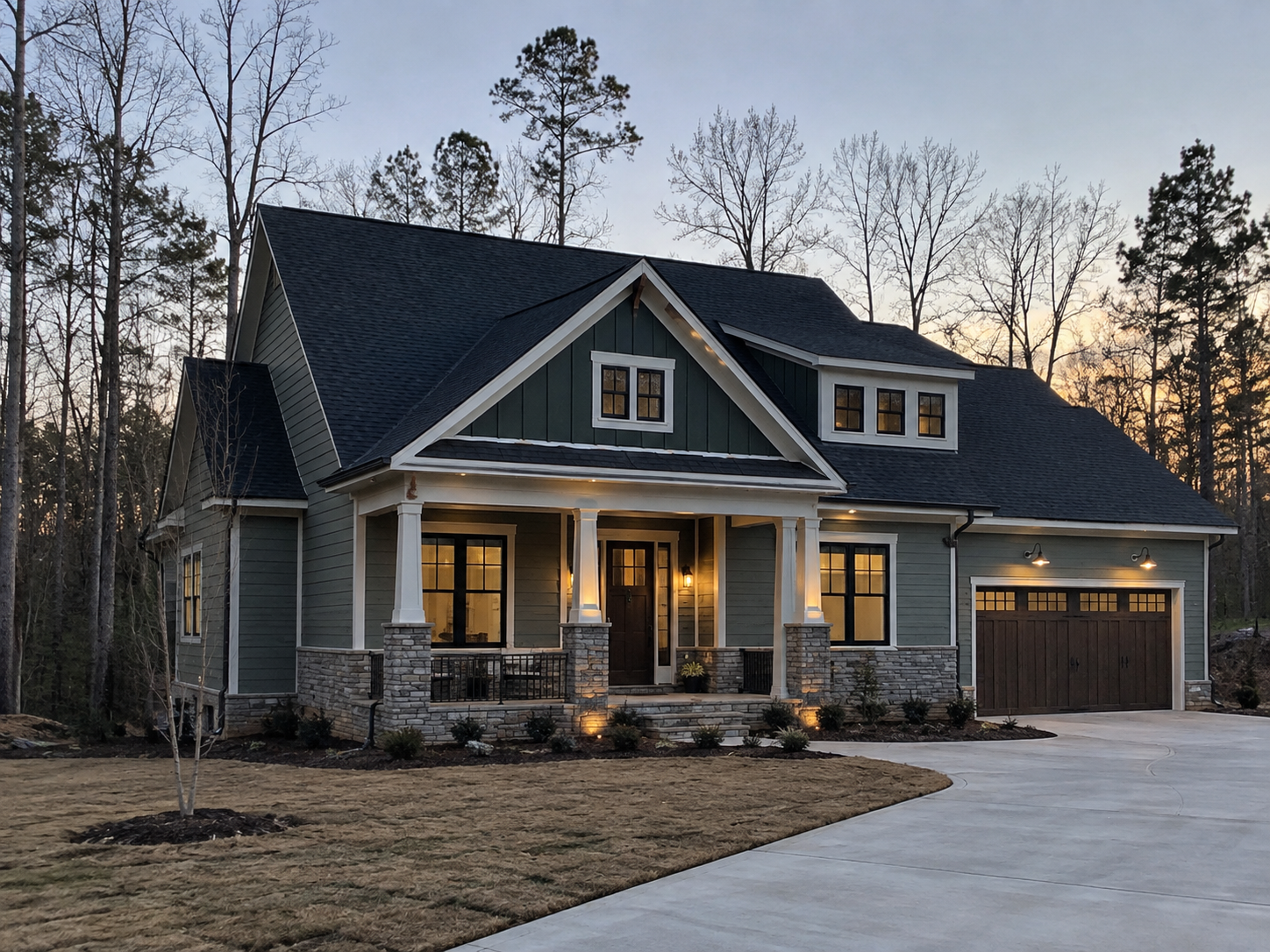 Modern two-story house with green siding, black roof, and a front porch with white columns, surrounded by a landscaped yard and trees at dusk.