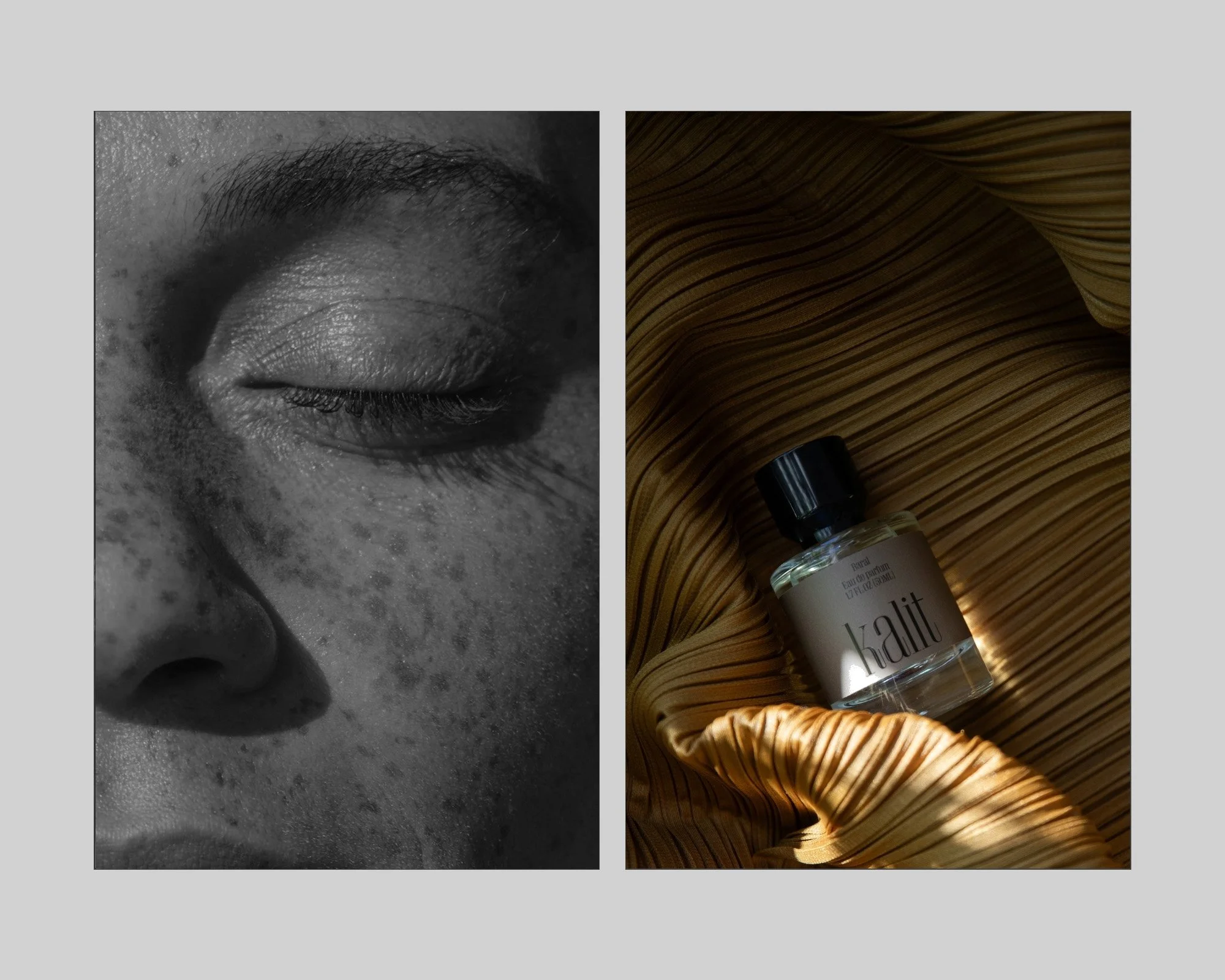 Kalit fragrance campaign spring 2026 — light and shadow on skin, styling Catrine Svellingen