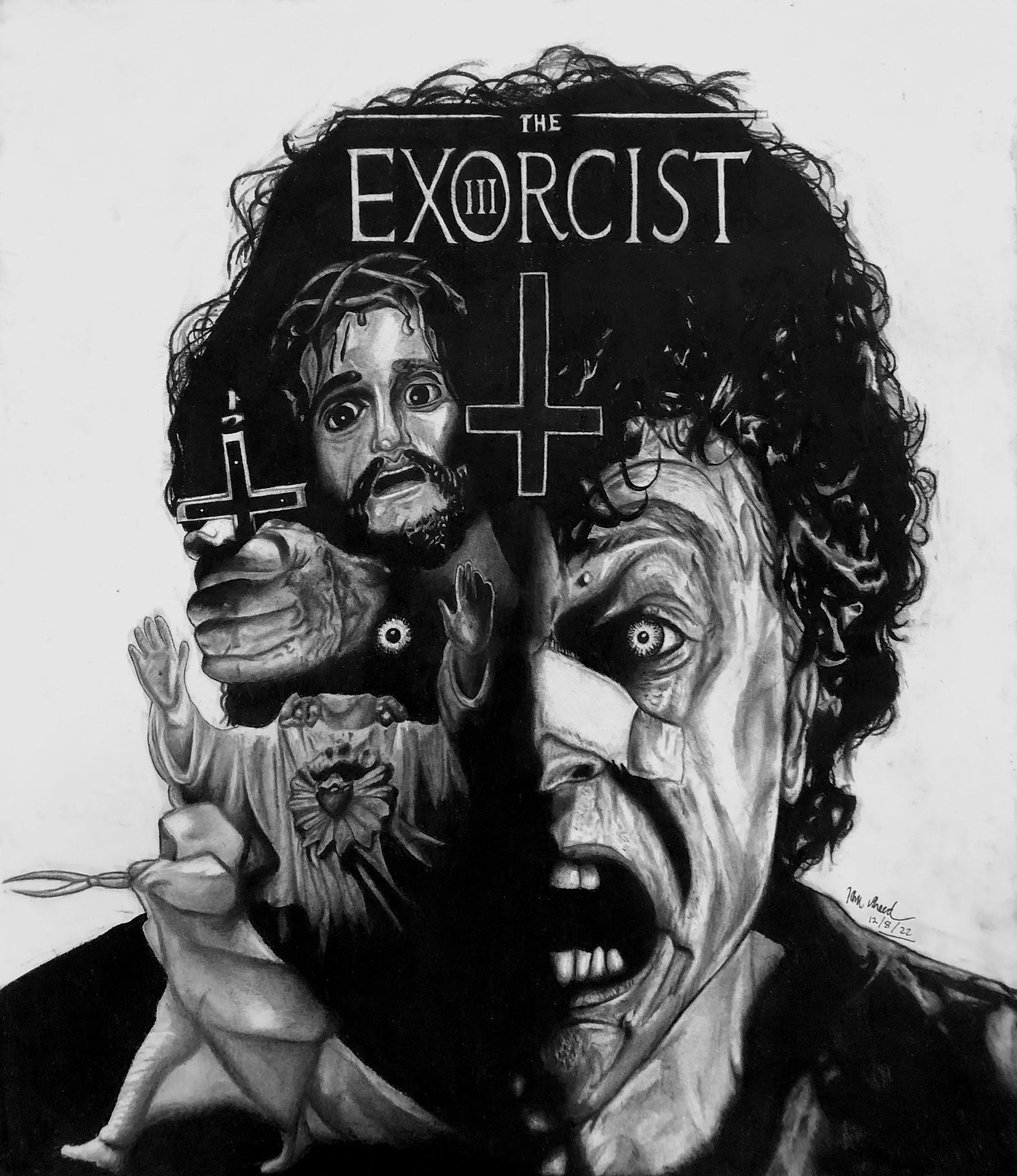 "Exorcist 3 Collage Poster". Charcoal Illustration for class. (2023)
