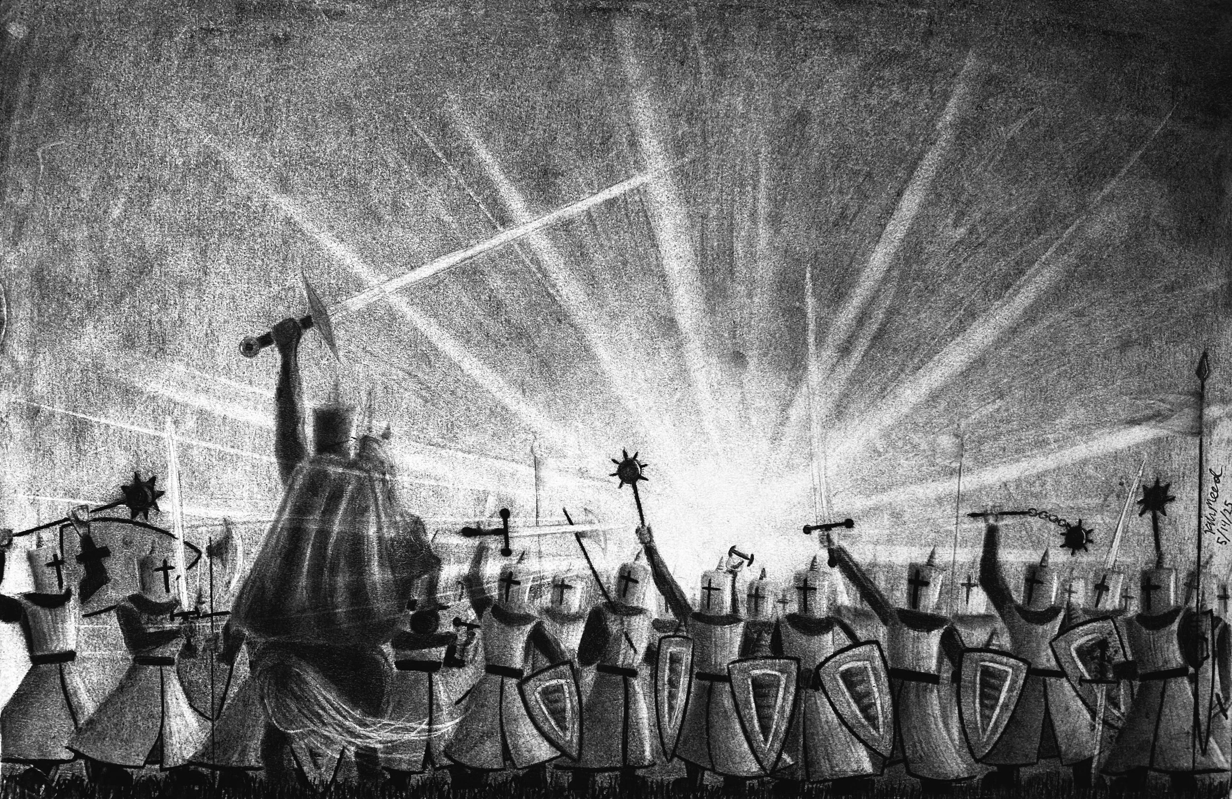 "Knights Rally". Charcoal Illustration for class. (2025)
