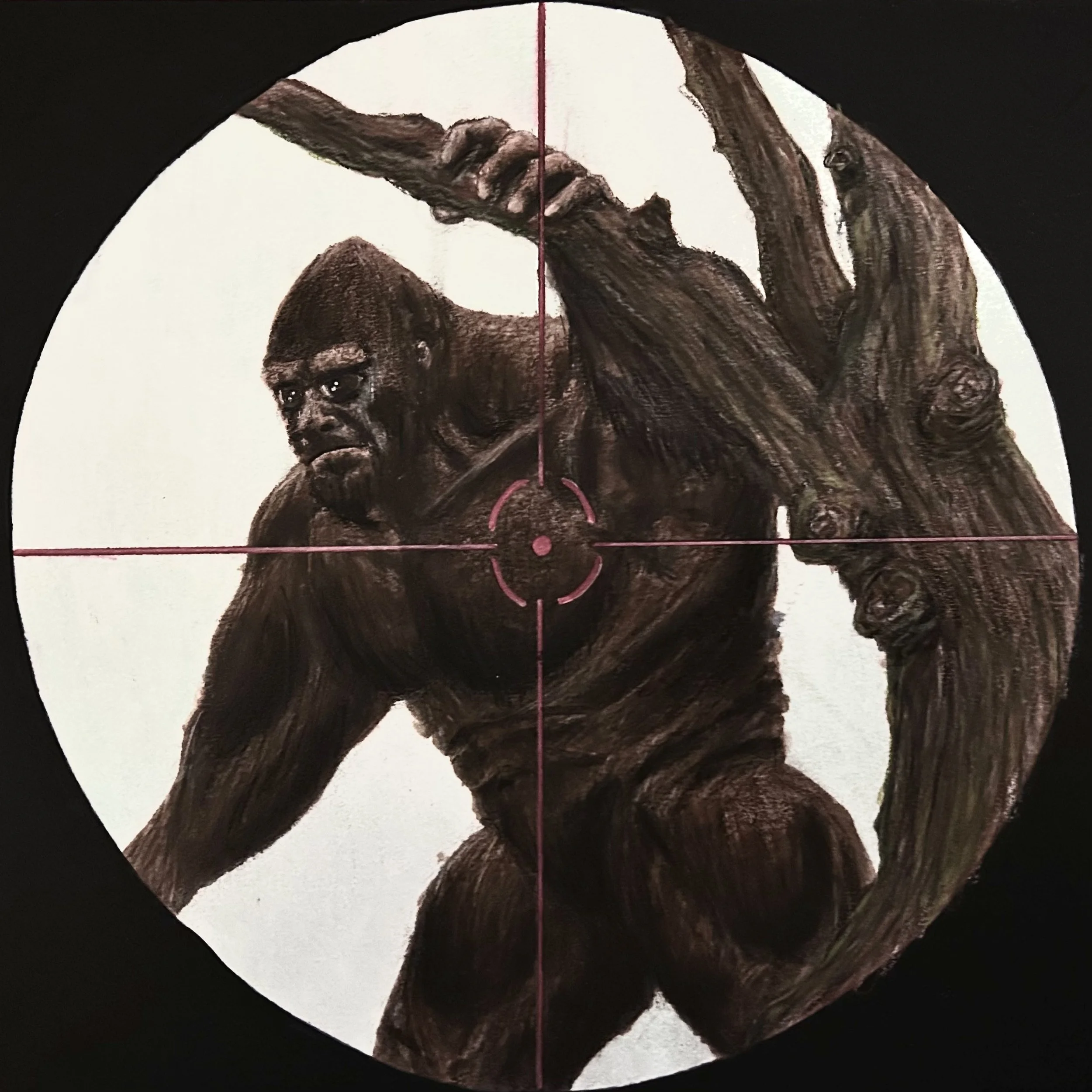 "Bigfoot In Crosshairs". Marker & Colored Pencil Illustration for class. (2025)