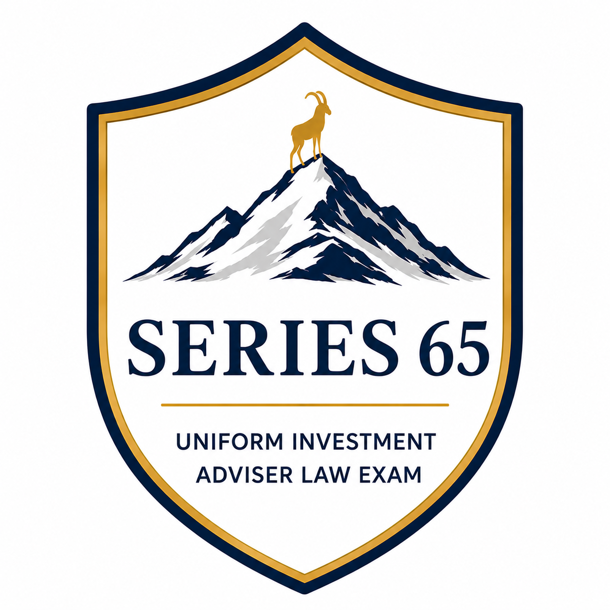 A badge with a mountain and a mountain goat at the top, with text 'Series 65', 'Uniform Investment Adviser Law Exam'.