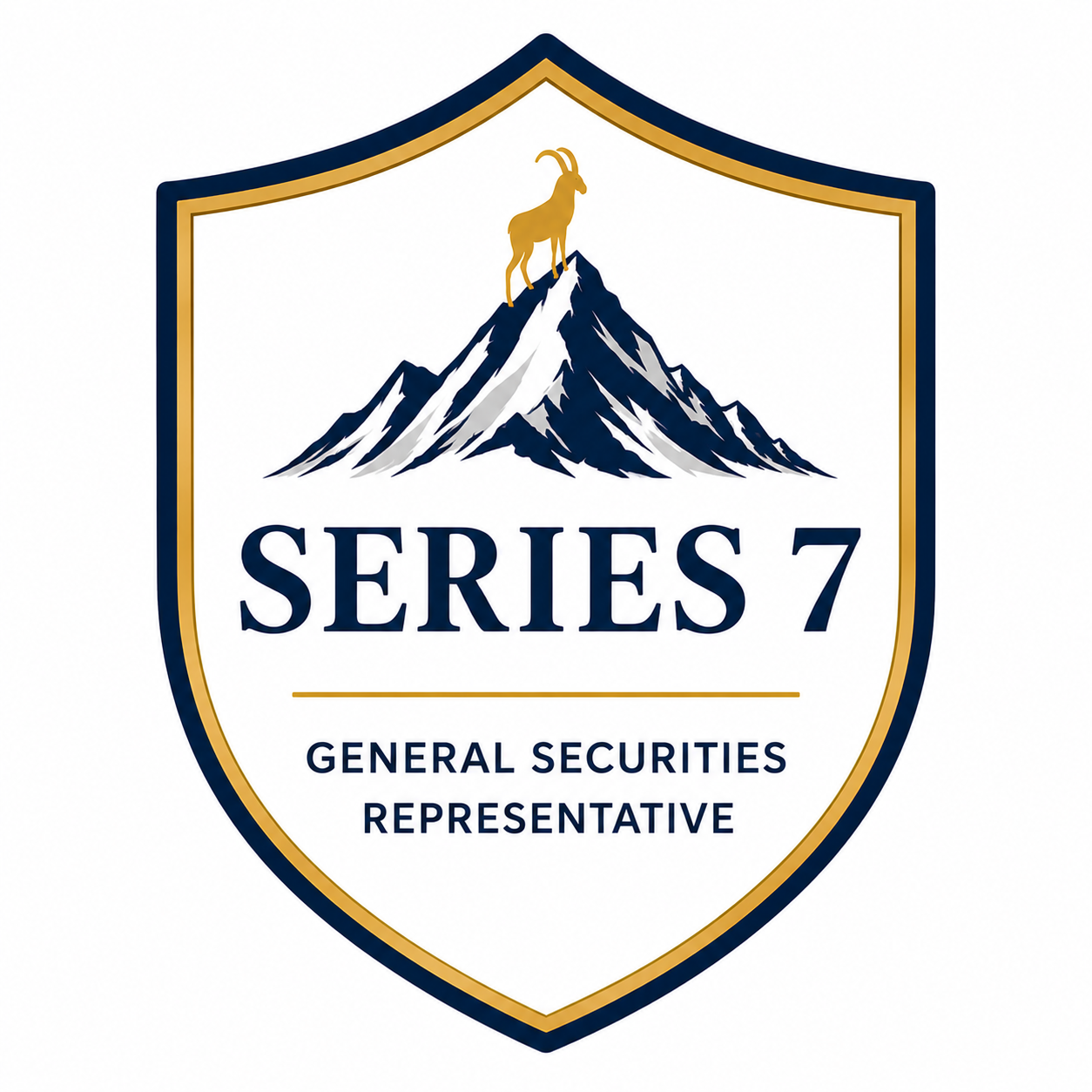 A badge featuring a mountain with a goat standing on its peak, titled 'Series 7' and labeled 'General Securities Representative'.