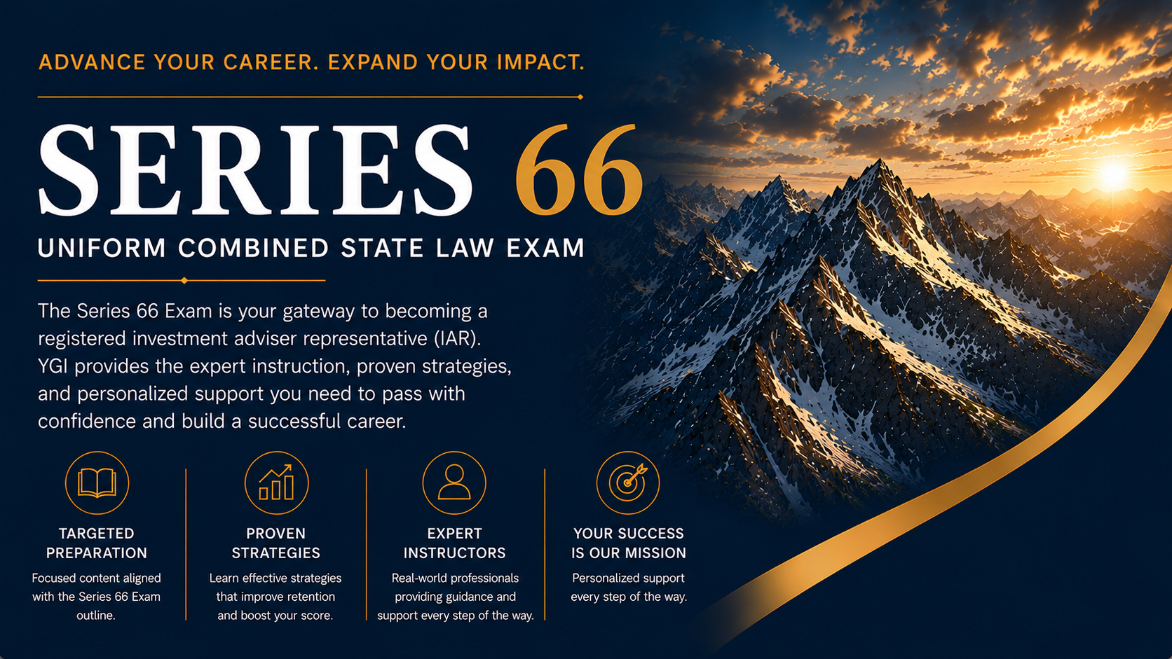 YGI Securities Coaching promotional graphic for the Series 66 exam preparation, Uniform Combined State Law Exam.