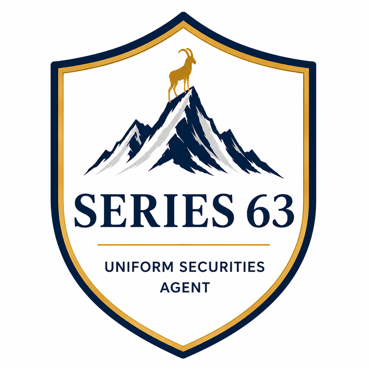 Shield emblem with mountain peaks and an alpine goat on top, with text 'Series 63' and 'Uniform Securities Agent'.