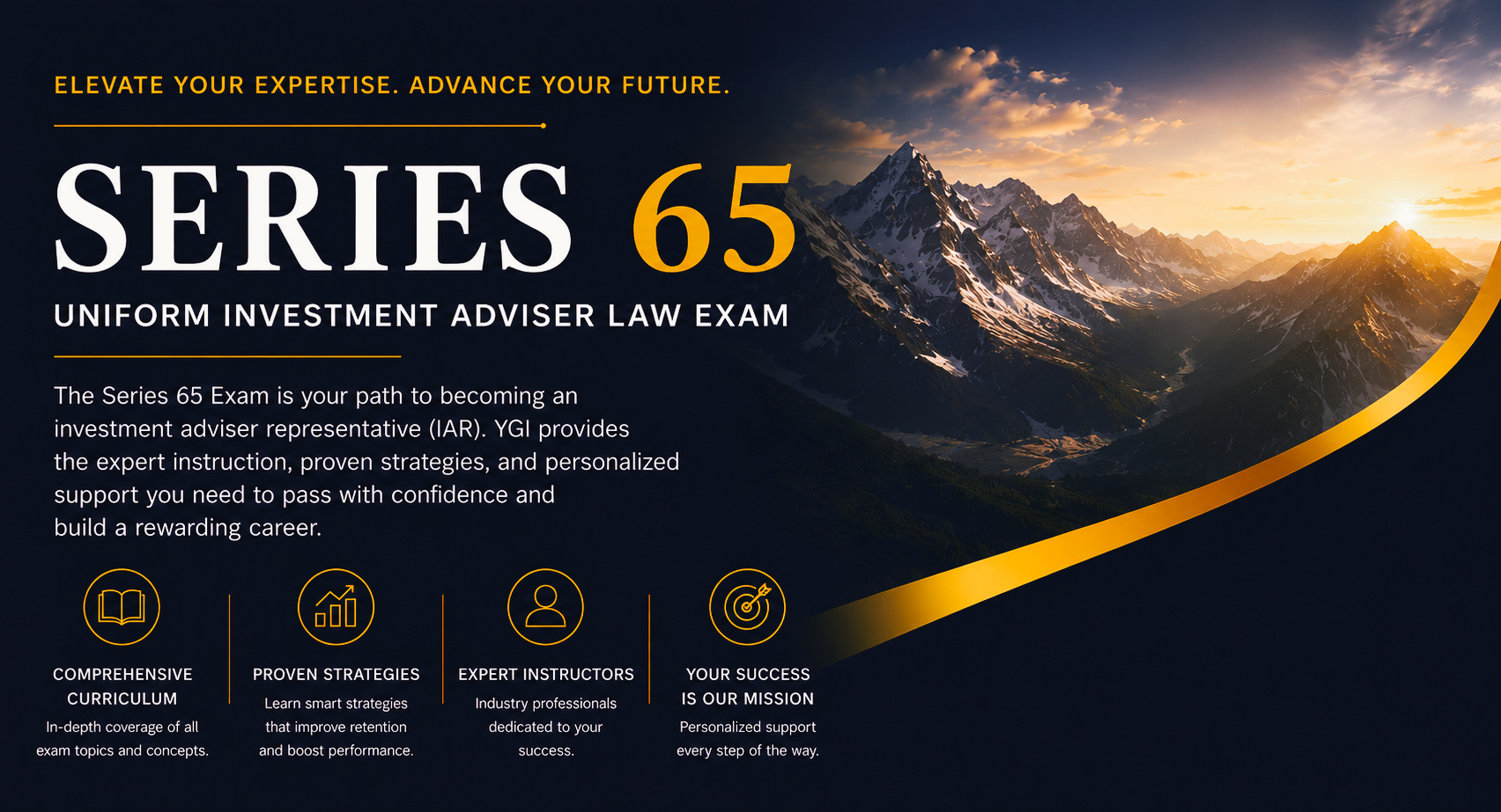 YGI Securities Coaching promotional graphic for Series 65 exam preparation, Investment Adviser Law Exam.