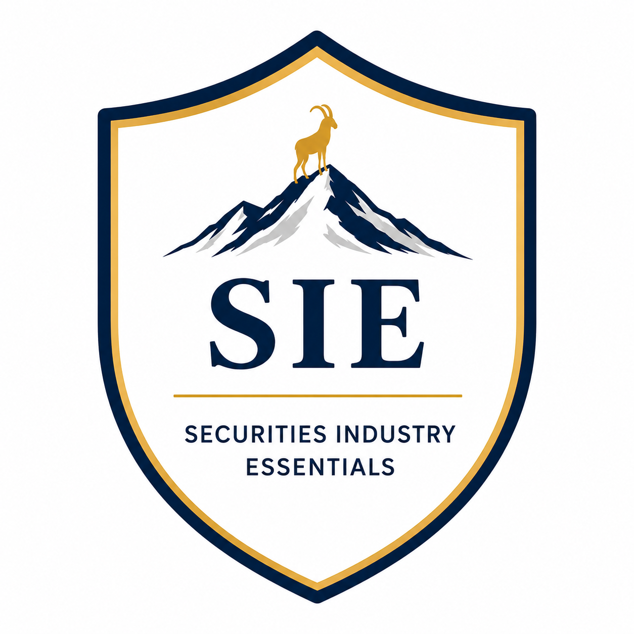 A shield-shaped logo with a mountain and a goat standing on top, the text 'SIE' in large font, and 'Securities Industry Essentials' below.