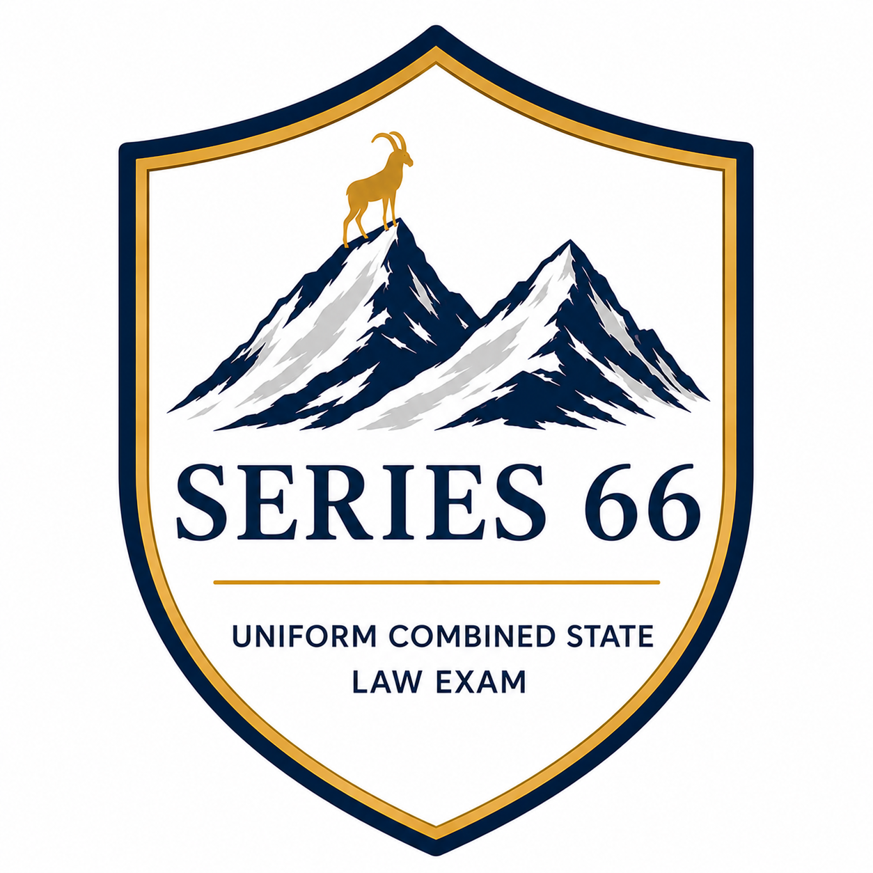 A badge with a mountain and mountain goat graphic, text reading "Series 66" and "Uniform Combined State Law Exam".