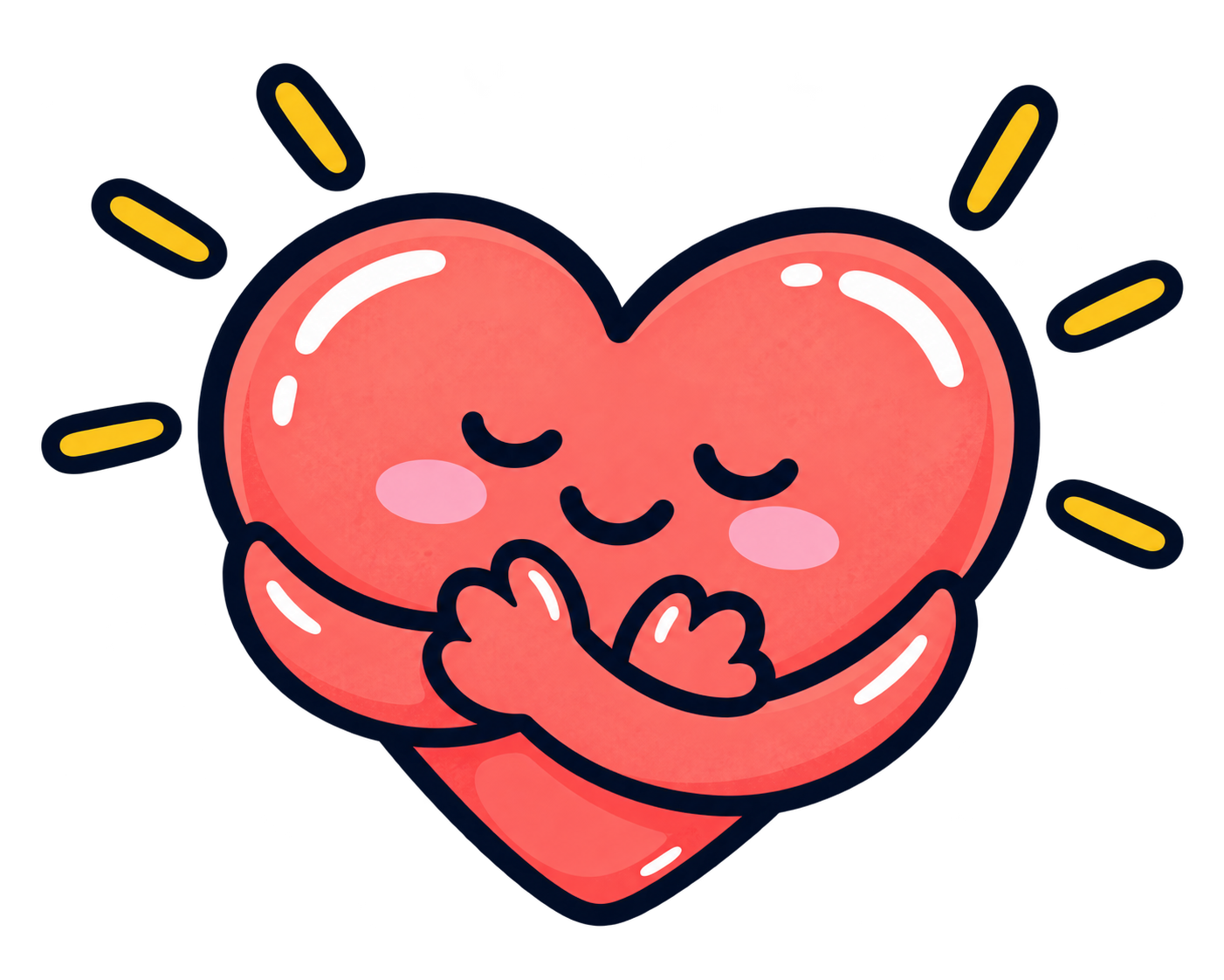 A cartoon heart with a cute, smiling face hugging itself, surrounded by yellow lines indicating warmth or happiness.