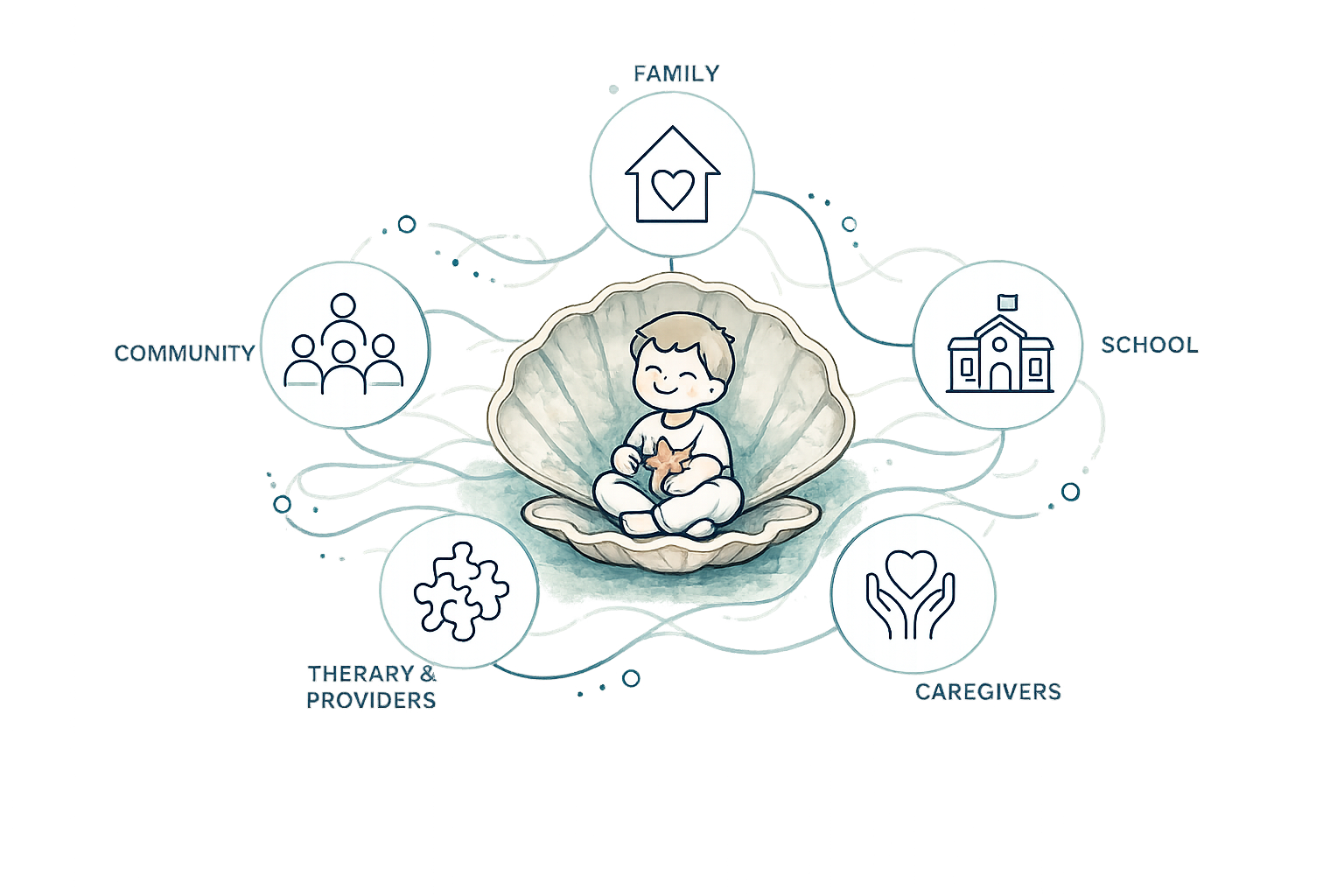 A young child sitting in an open clam shell, smiling and holding a starfish, surrounded by icons representing community, family, school, caregivers, and therapy & providers.