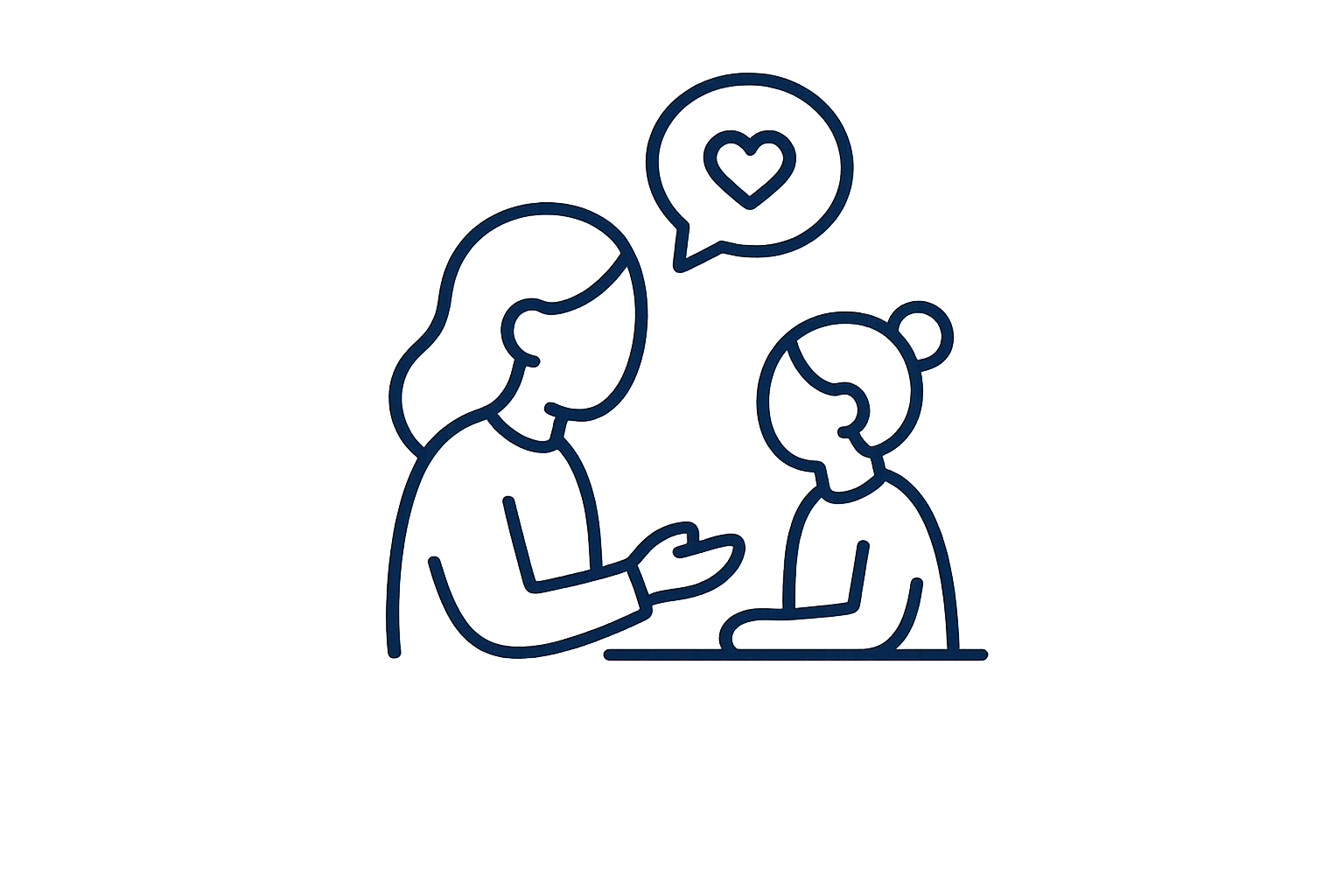 Line drawing of two women, one older and one younger, looking at each other with speech bubbles above them, one with a heart symbol.