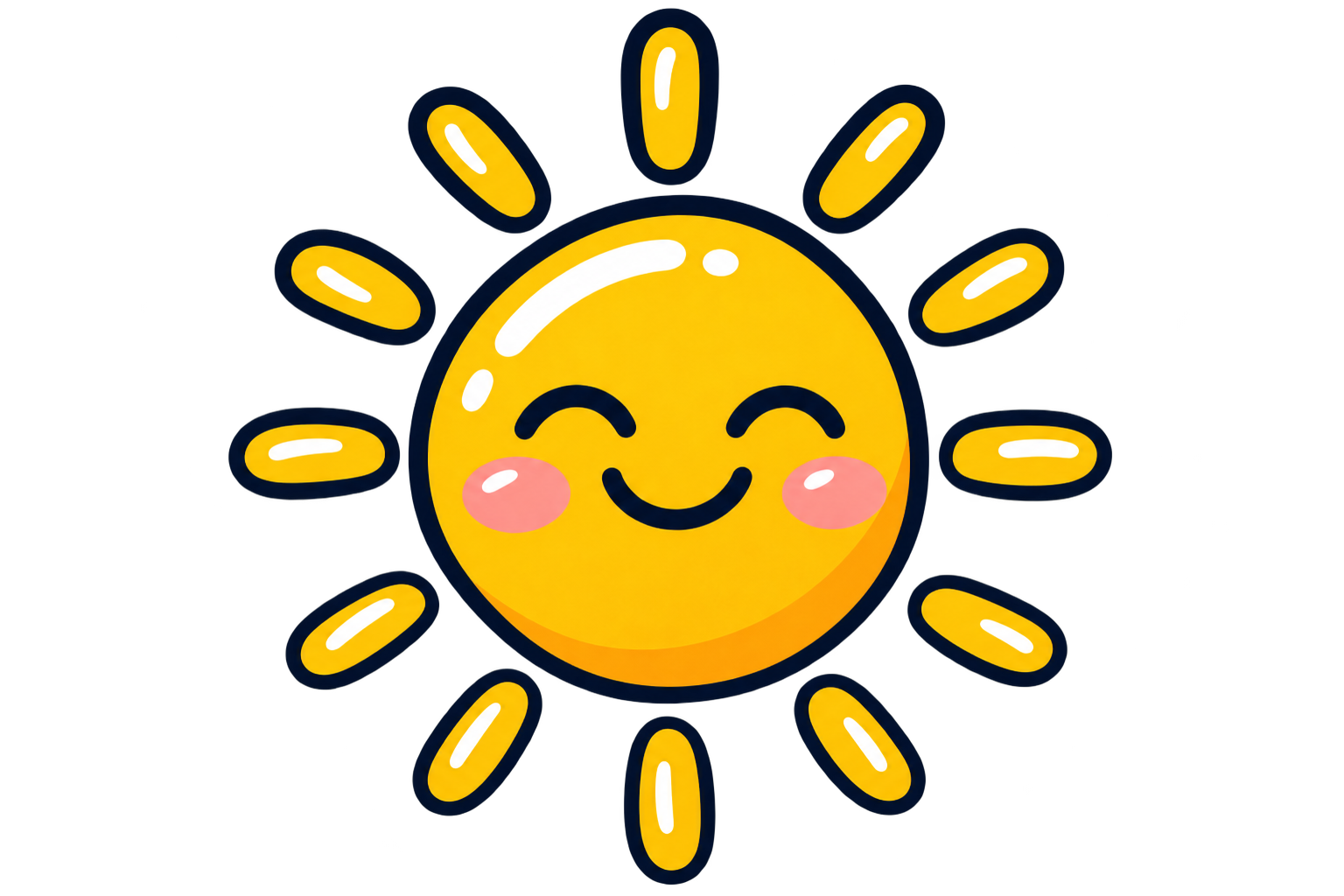 Cute cartoon sun with a smiling face, rosy cheeks, and yellow rays against a black background.