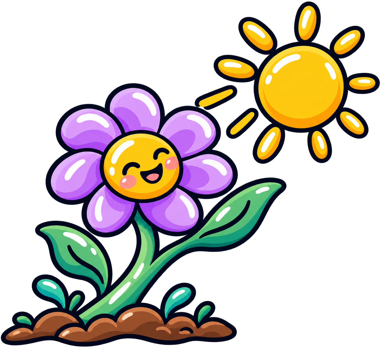 A cheerful cartoon purple flower with a smiling face and pink cheeks, next to a bright yellow sun with a happy face, sitting in brown soil with small green leaves.