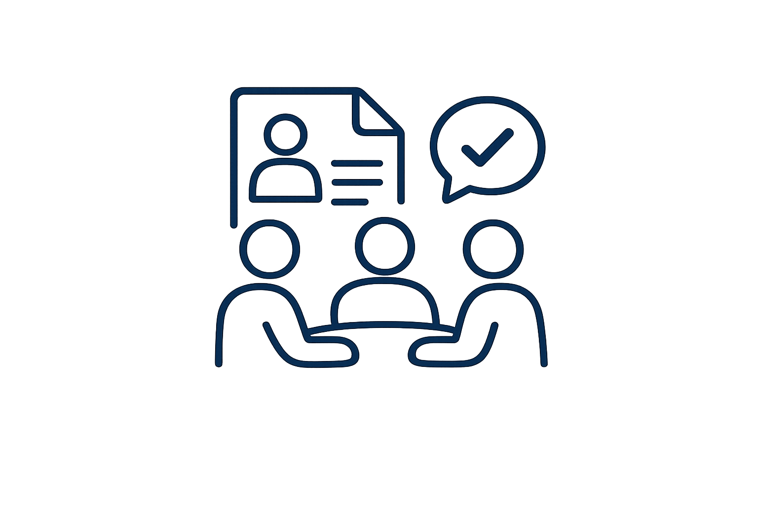 Line drawing of three people sitting at a table in discussion, with a document and speech bubble with a checkmark above them, symbolizing a meeting or interview.