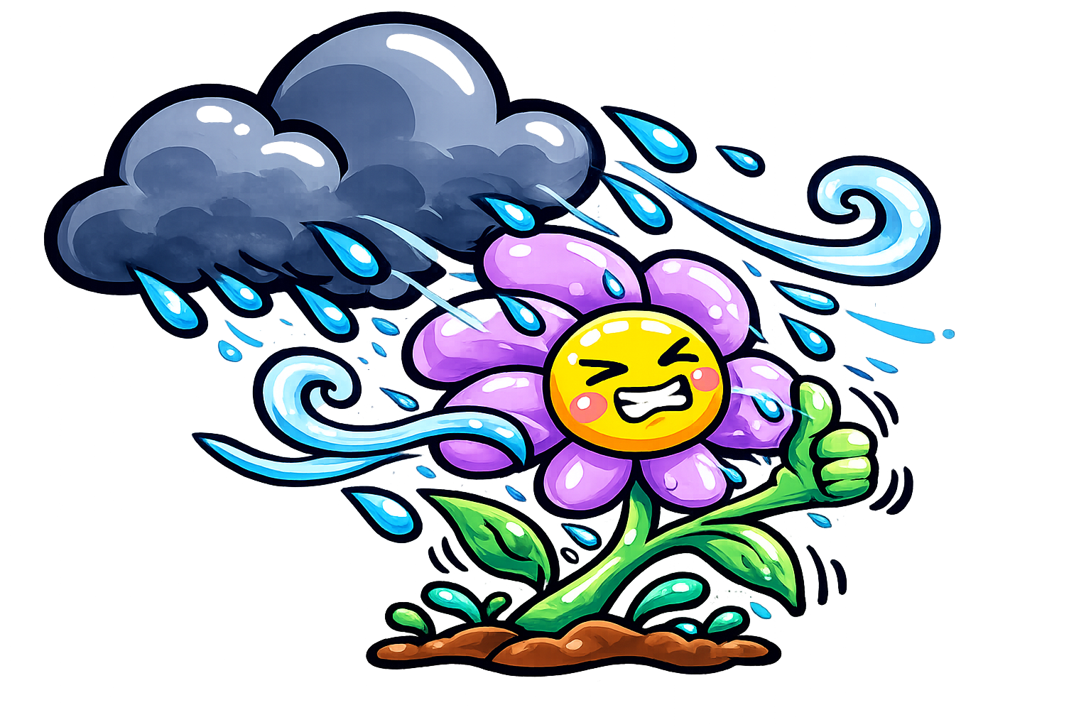 A cartoon-style flower with purple petals and a yellow face showing a strained expression while giving a thumbs-up, standing on green leaves and soil, with rain clouds and blue raindrops raining down, and a gust of wind blowing it to the right.