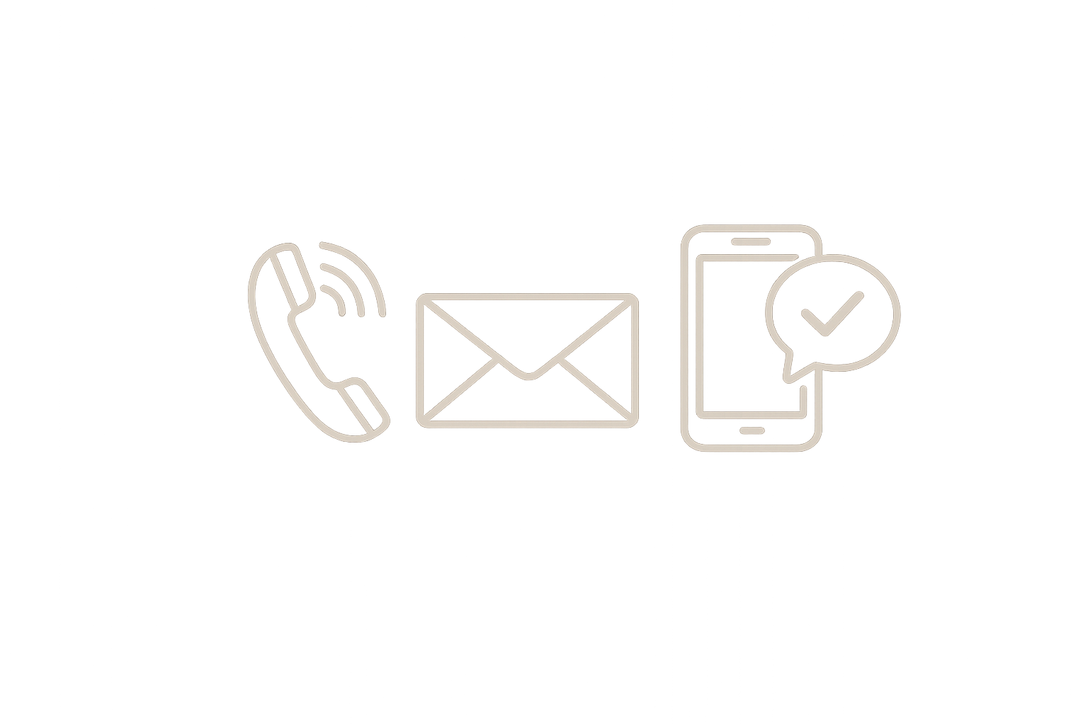 Icons representing a phone, an envelope, a smartphone, and a checkmark in a speech bubble.
