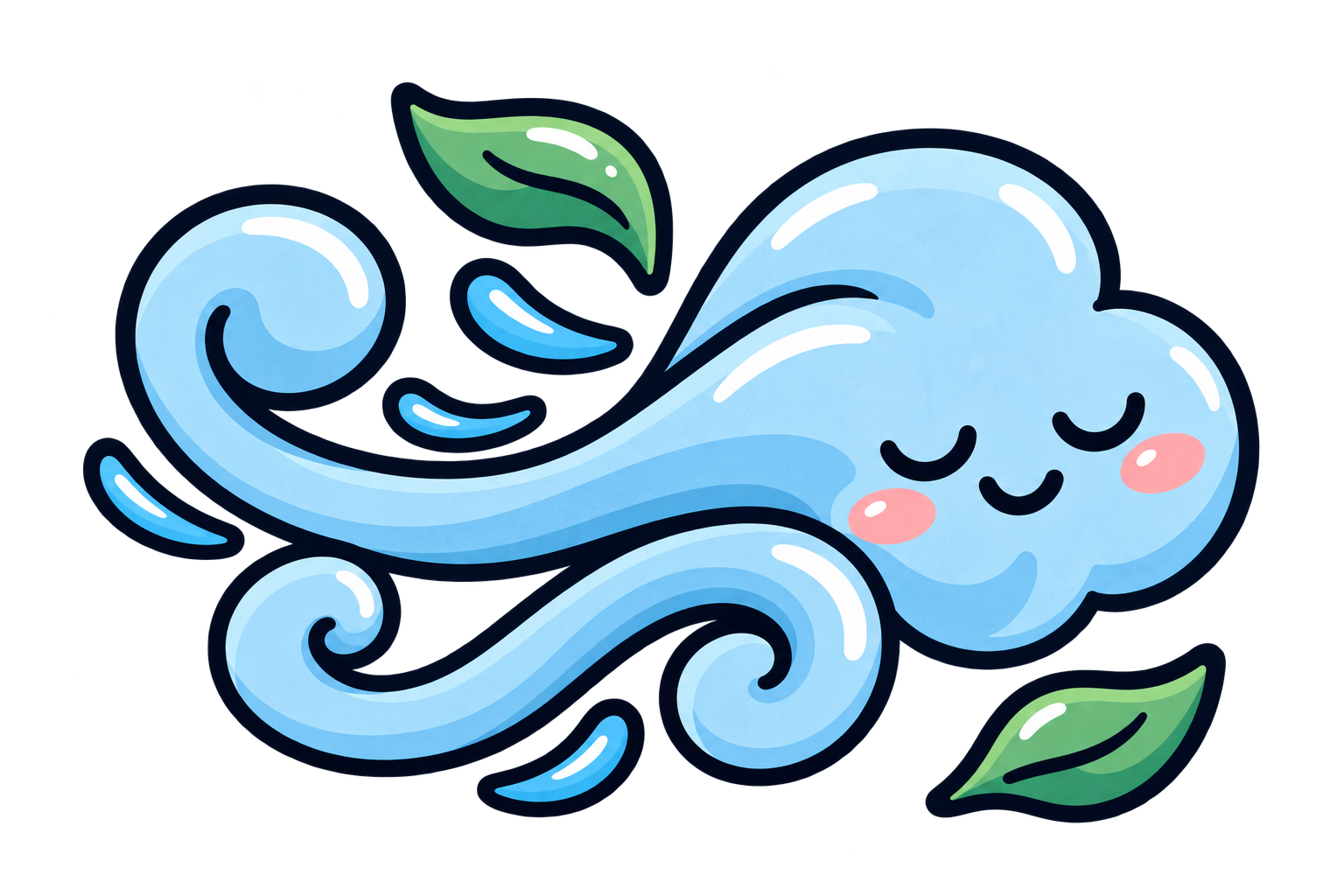 A cute cartoon water cloud with a smiling face, pink cheeks, and closed eyes, surrounded by swirling water and green leaves.