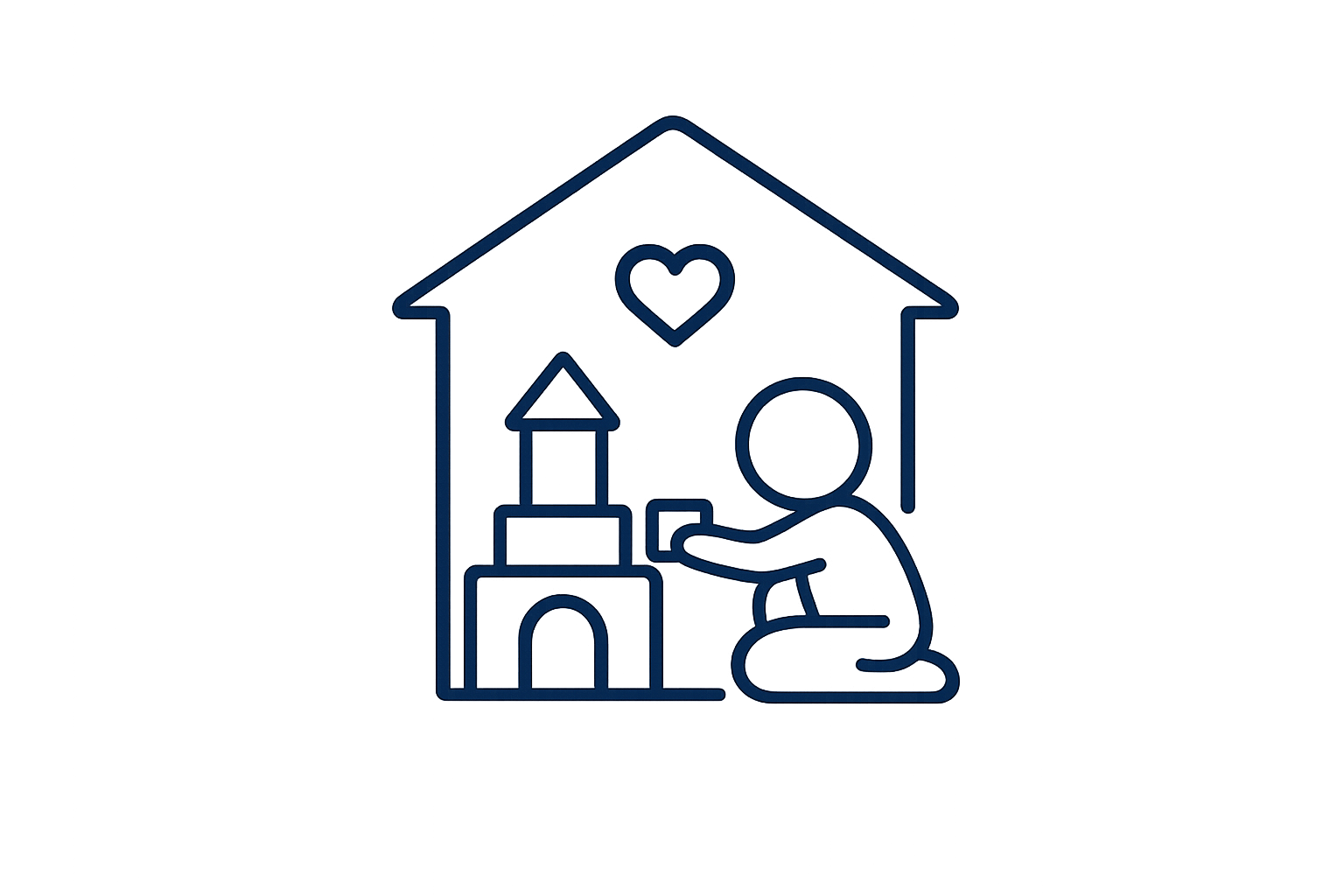 A simple line drawing of a person kneeling inside a house, holding a child, with a tall stack of blocks and a heart symbol inside the house.
