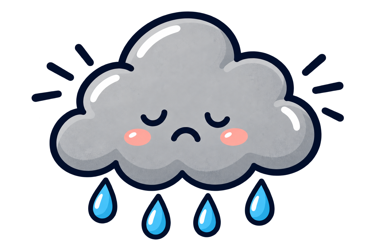 A cartoon illustration of a sad gray cloud with a face, closed eyes, and a downturned mouth. Raindrops fall from the cloud and it has pink cheeks.