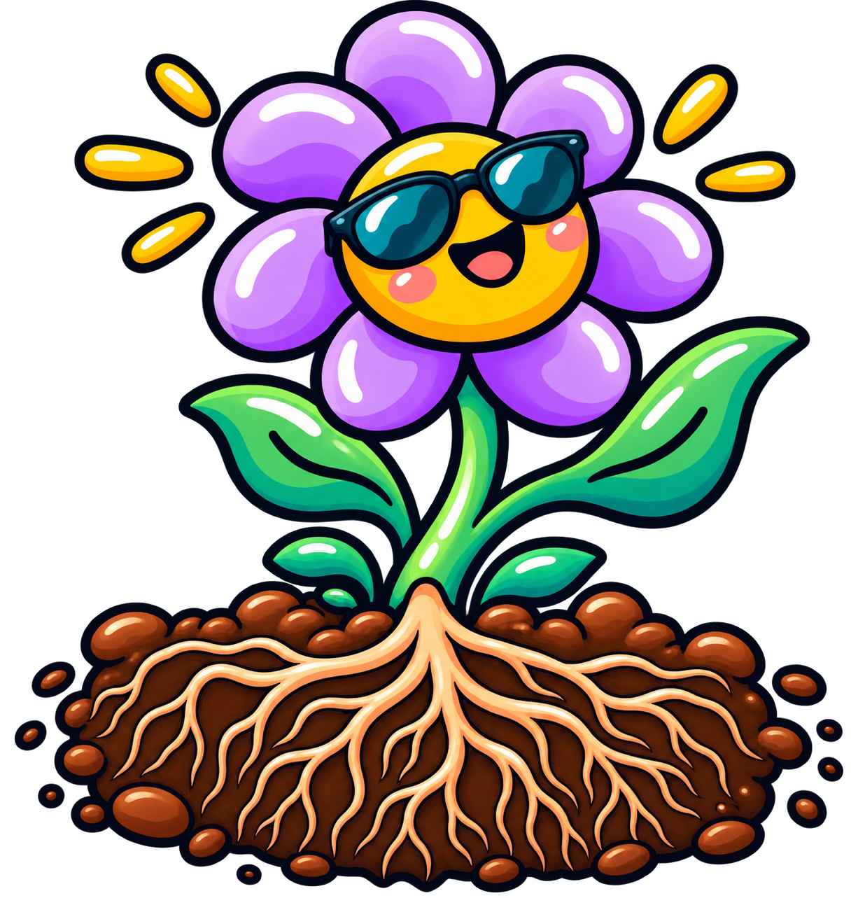 A cartoon flower with purple petals and a happy face wearing sunglasses, growing from soil with roots visible underneath.
