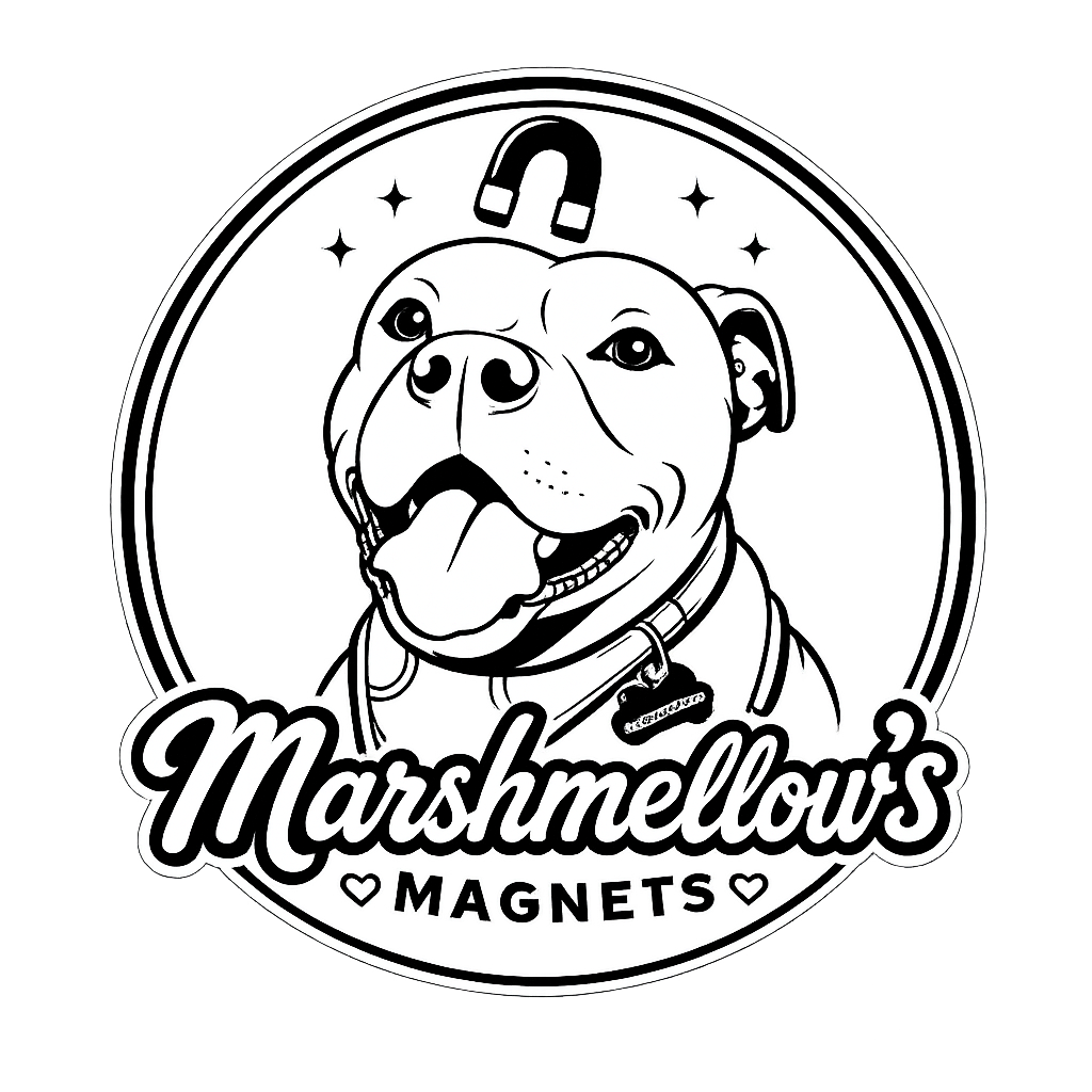 A logo for Marhmelou's Magnets featuring a cartoon illustration of a dog wearing a space helmet, inside a circular border with stars. The text 'Marhmelou's Magnets' is written below the dog's face.