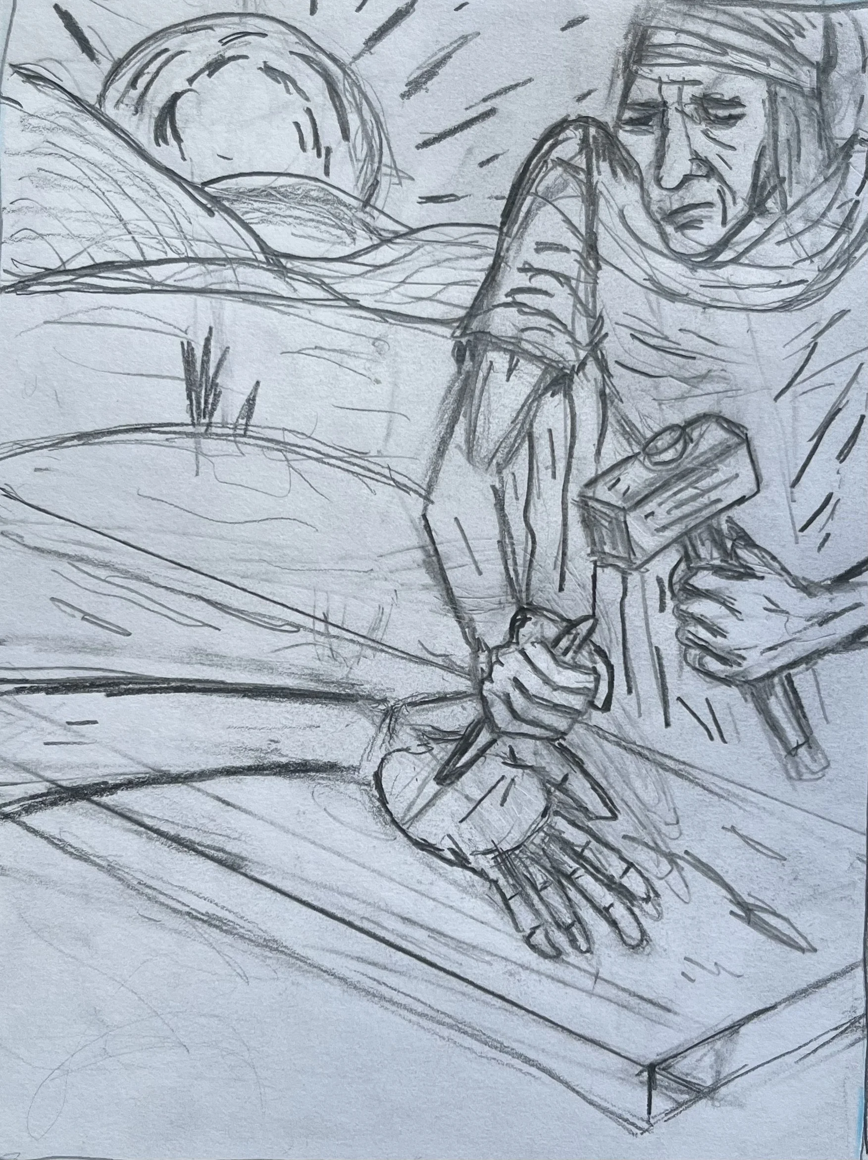 A hand-drawn sketch of an elderly man lying in bed, covered with a blanket, holding a glass with a spoon inside, and looking at a smartphone in his other hand.