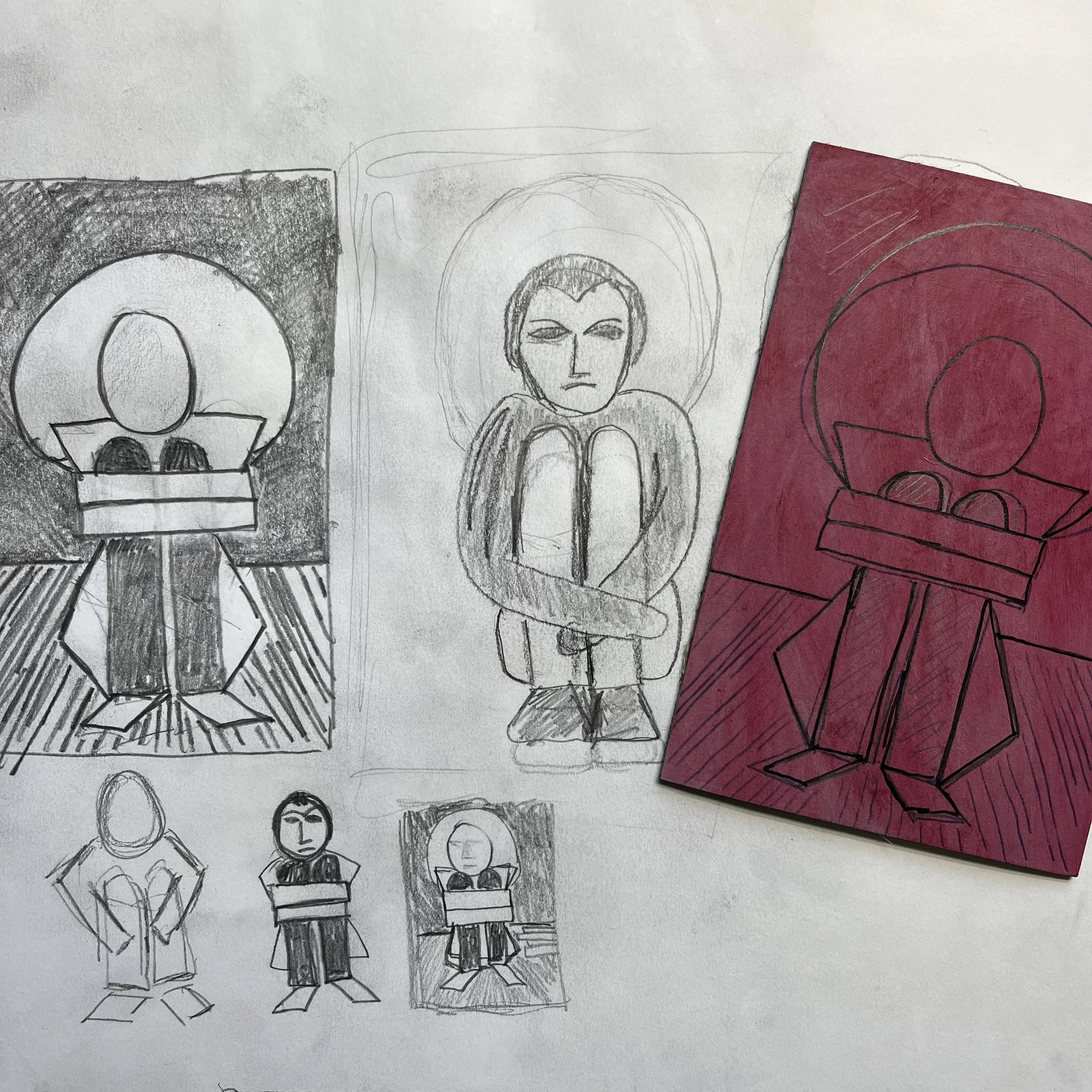 Hand-drawn sketches of six people, some with crossed arms, with a background of three posters featuring stylized faces in black, white, and red.