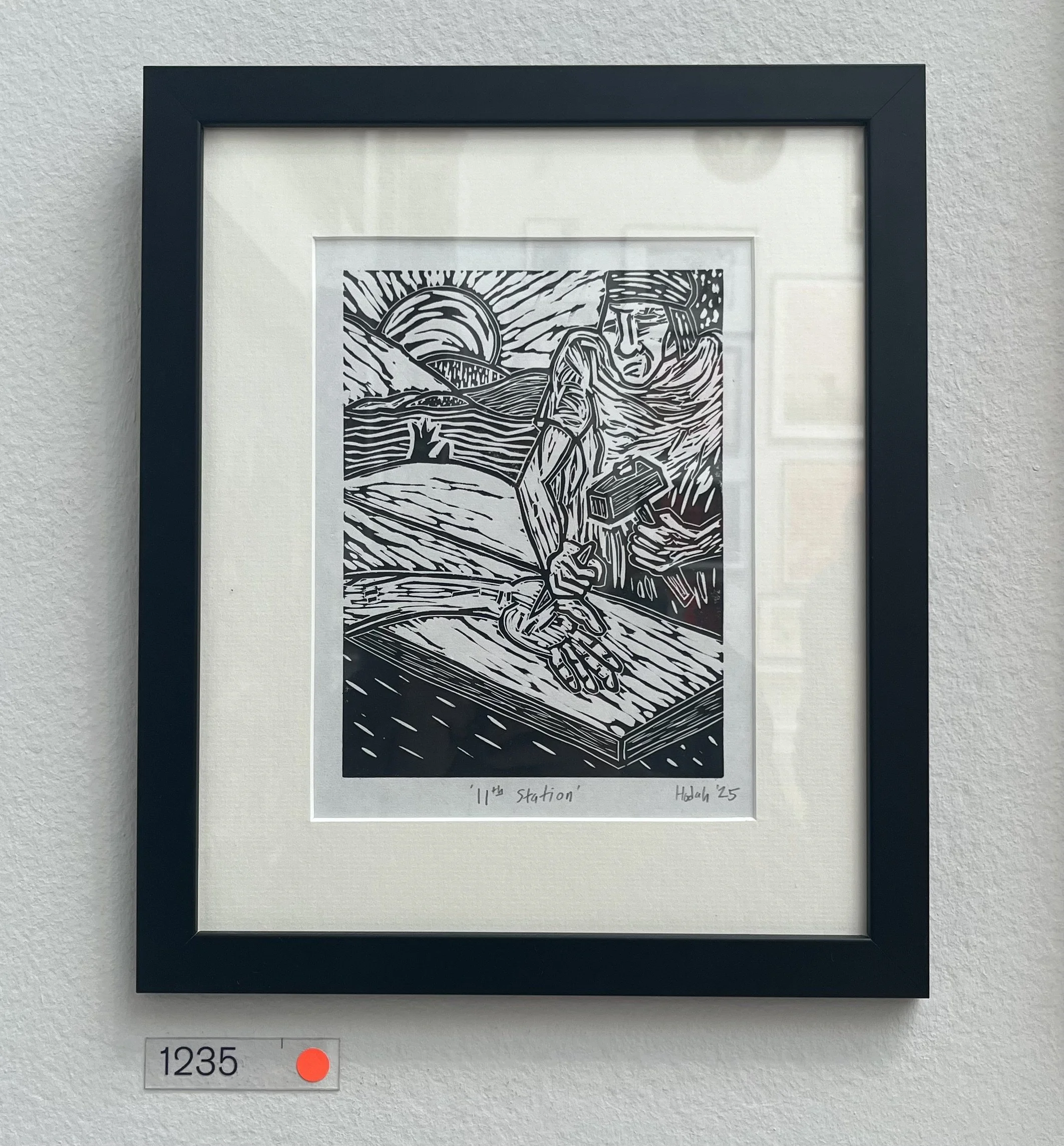 A black and white linocut print titled '11th Station,' exhibited at the Royal Academy Summer Exhibition
