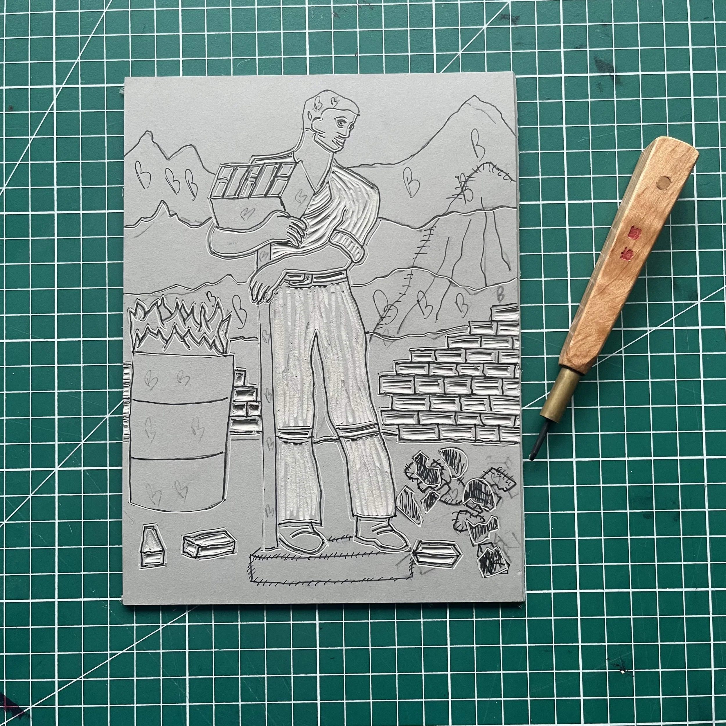 A partially carved linocut plate of an image of a 'Hod Carrier'.
