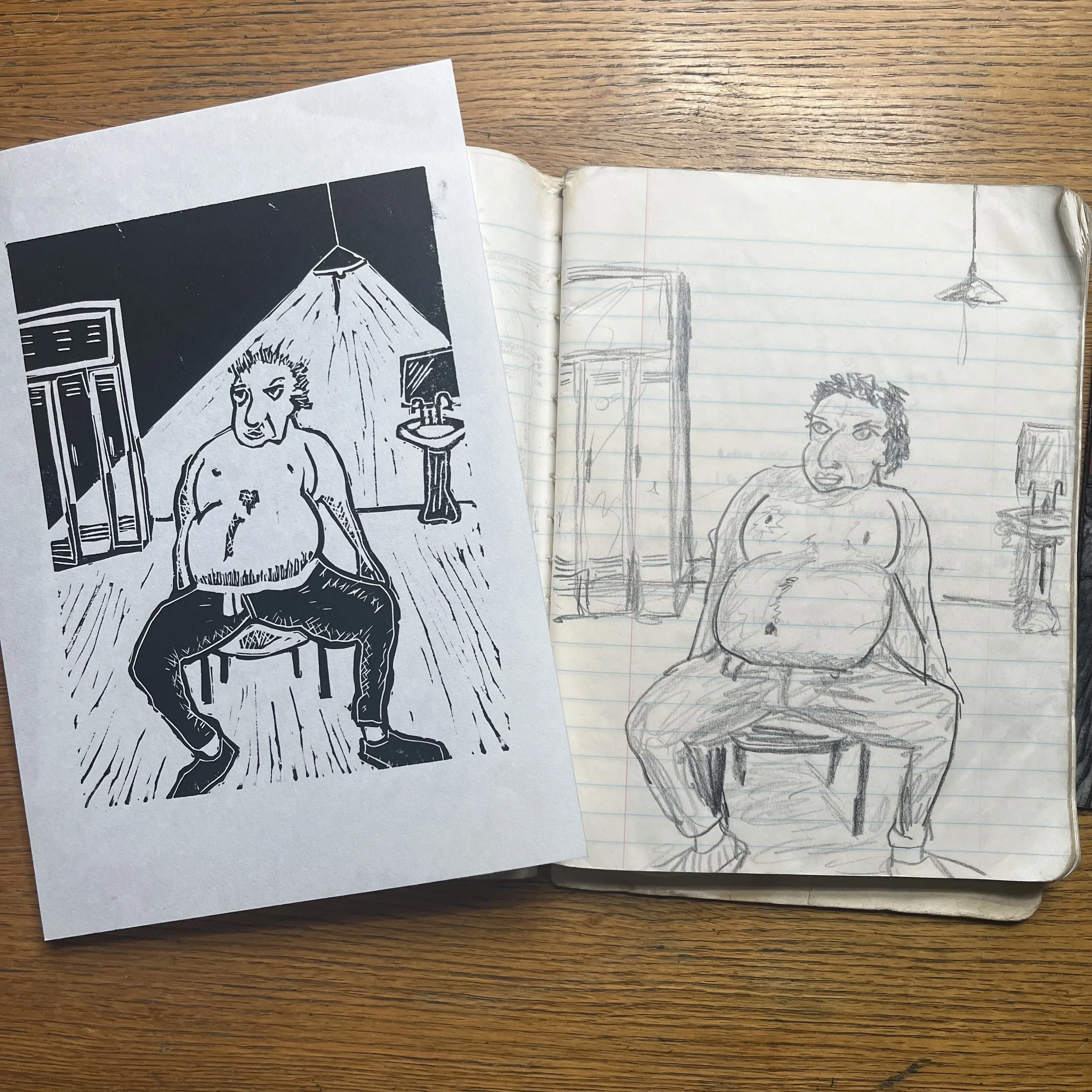 A linocut print of an original sketch titled 'Tonight I'm fat, stoned, filthy and afraid to sleep'