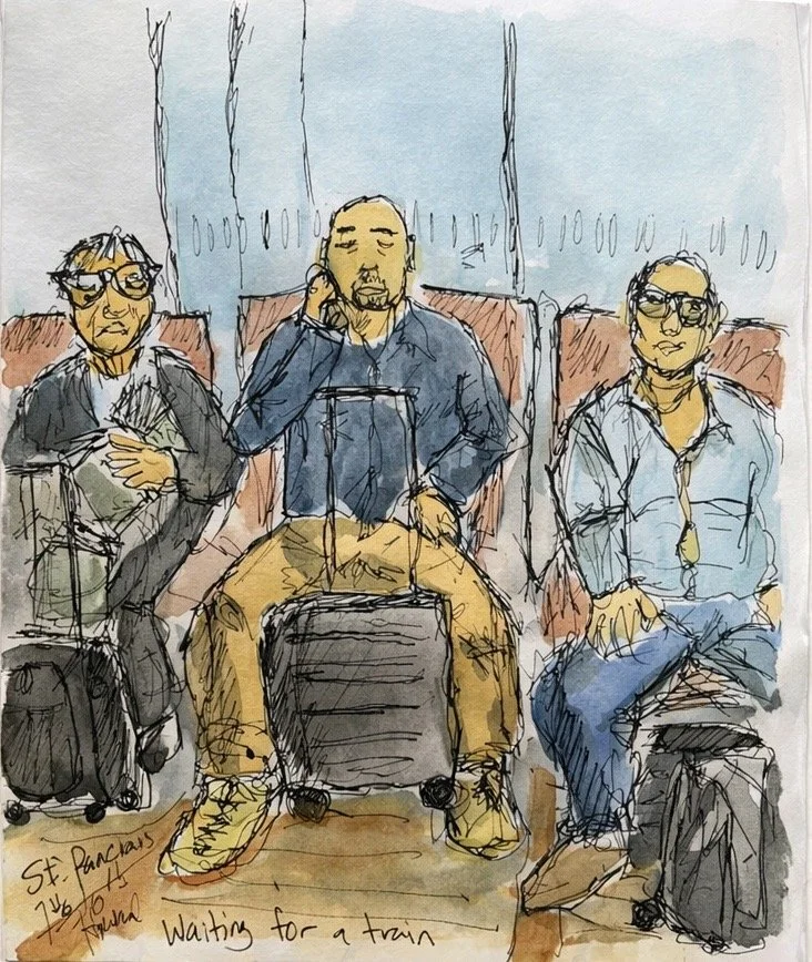 Sketch of three men sitting on benches or seats, waiting in what appears to be an airport or train station. They have luggage with them, and one man is talking on a phone. The scene is labeled "Waiting for a train," indicating they are at a train station.