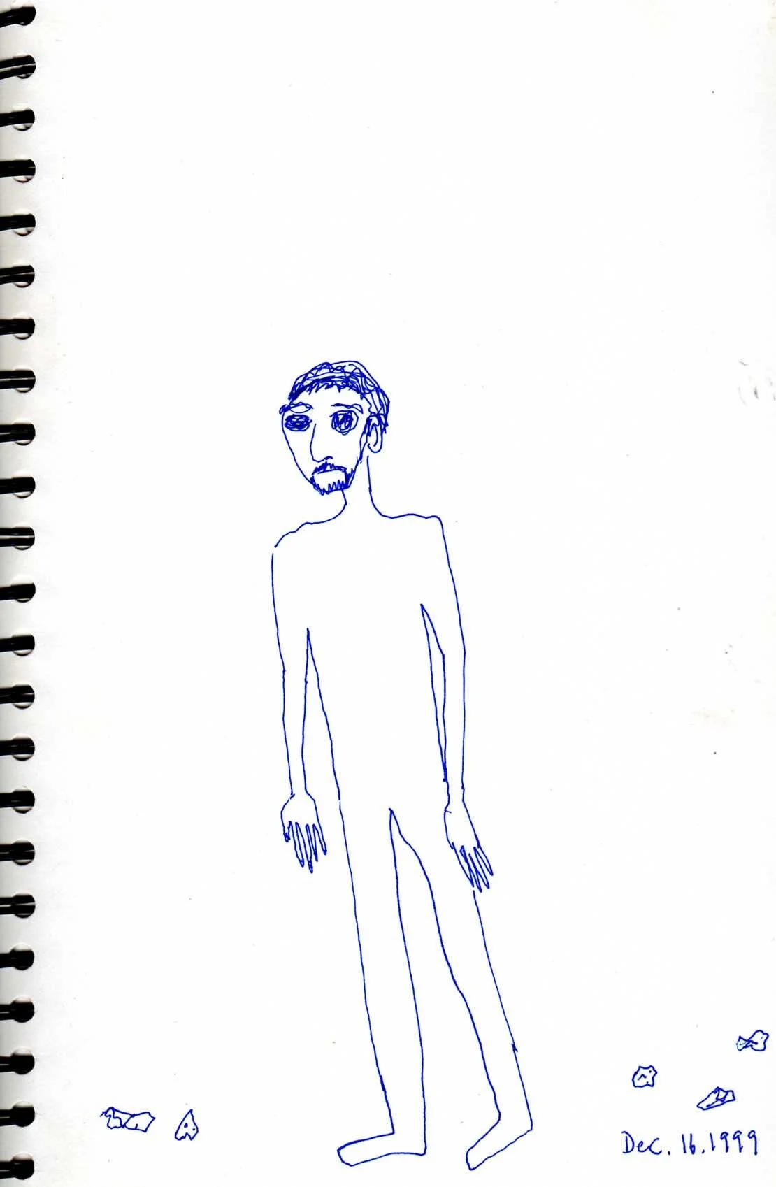 A simple line drawing of a man with a beard, standing nude, with a few rocks on the ground and the date December 16, 1999, written in the bottom right corner.