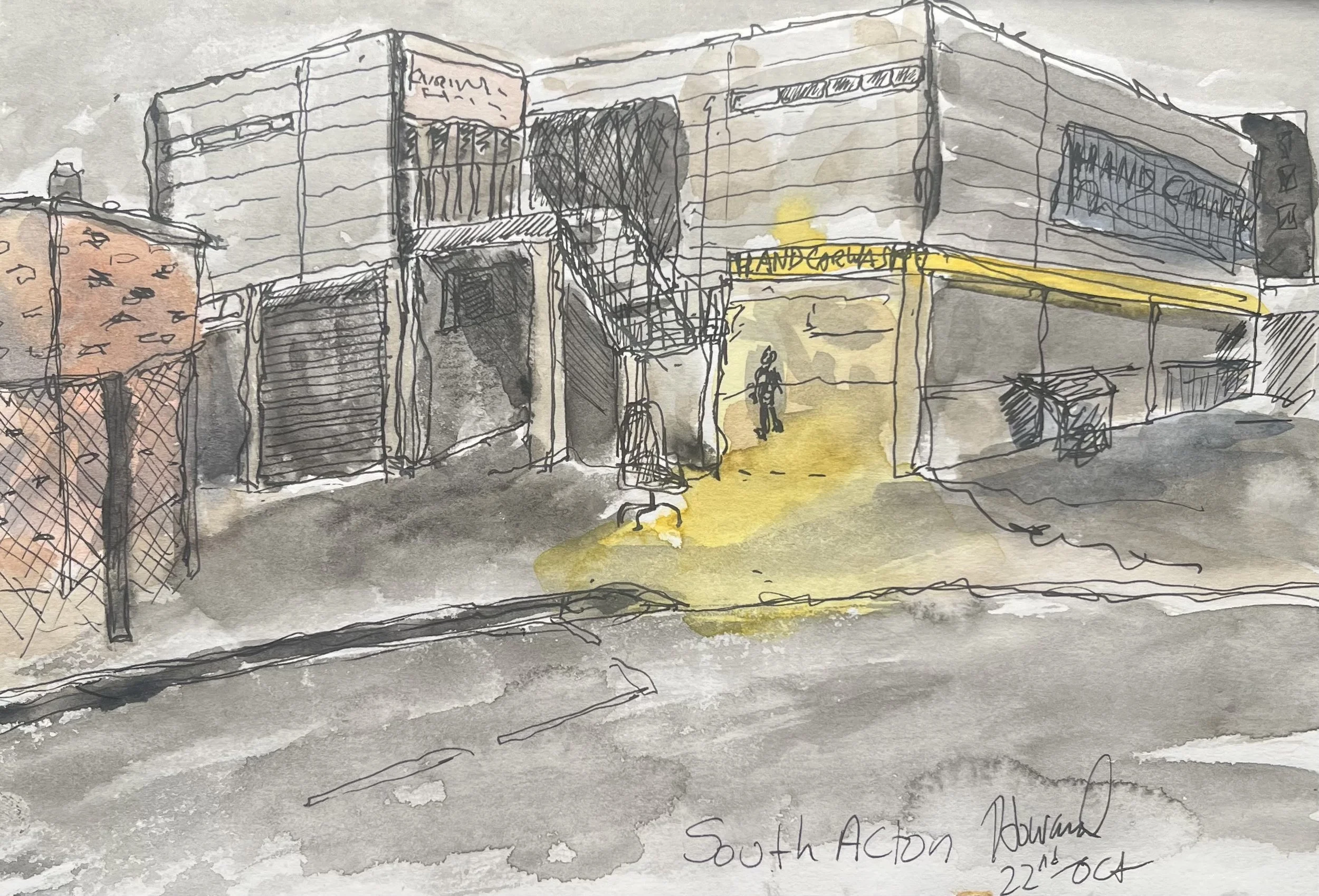 A watercolor sketch of a modern building with multiple levels and a staircase, featuring signage for 'Hand Craft Shop' and 'Pharmacie.' A person is walking underneath the building, which is labeled 'South ACTON' with a date of October 22nd.