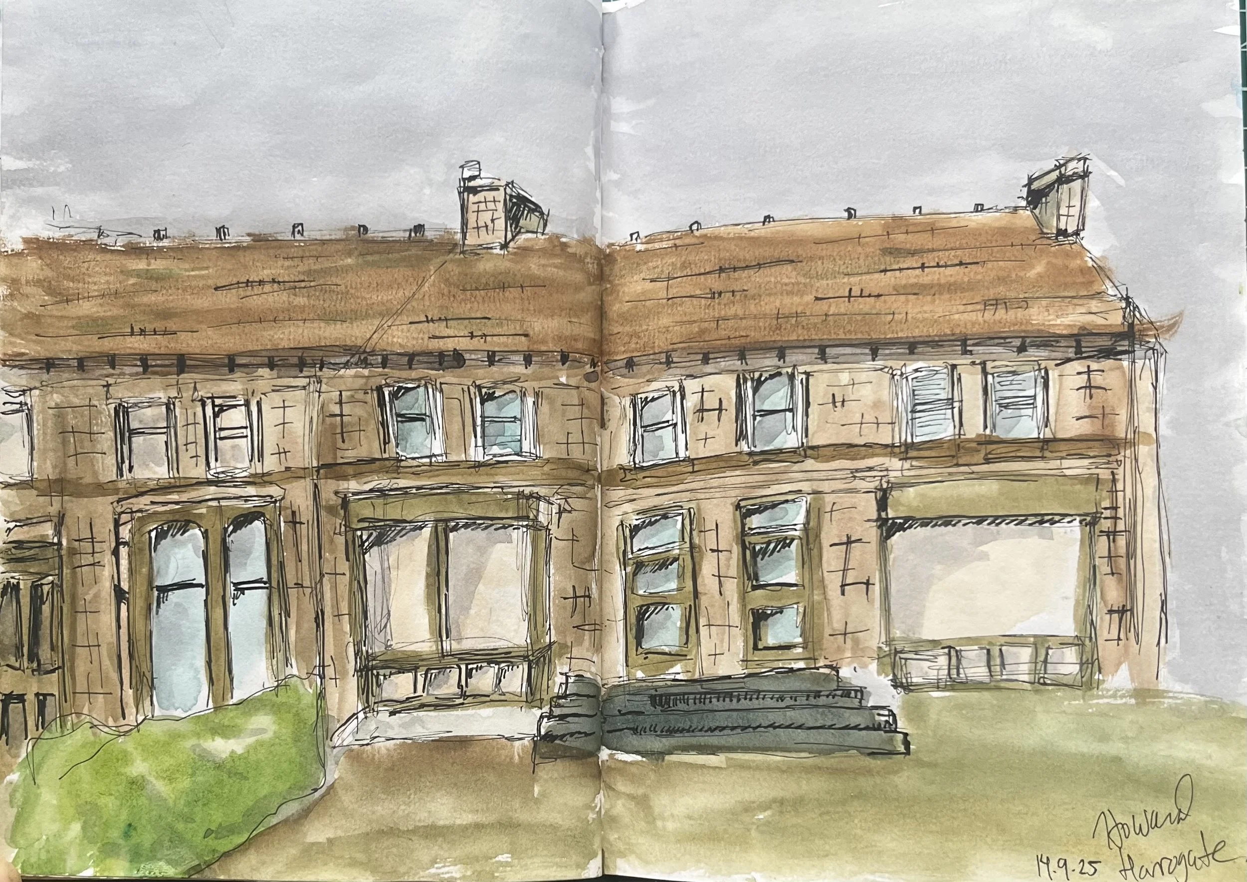 A watercolor sketch of a multi-story brick building with a brown tiled roof, multiple windows, and a set of stairs leading to the entrance. The sky is gray, and there's a small green lawn at the bottom left corner.