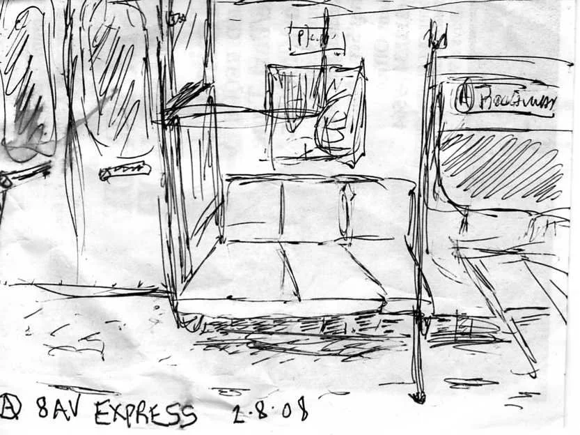 Sketch of an underground train station, labeled 'A 8AV EXPRESS' with the date 2.8.08, featuring a platform, a set of stairs, and a few signs.