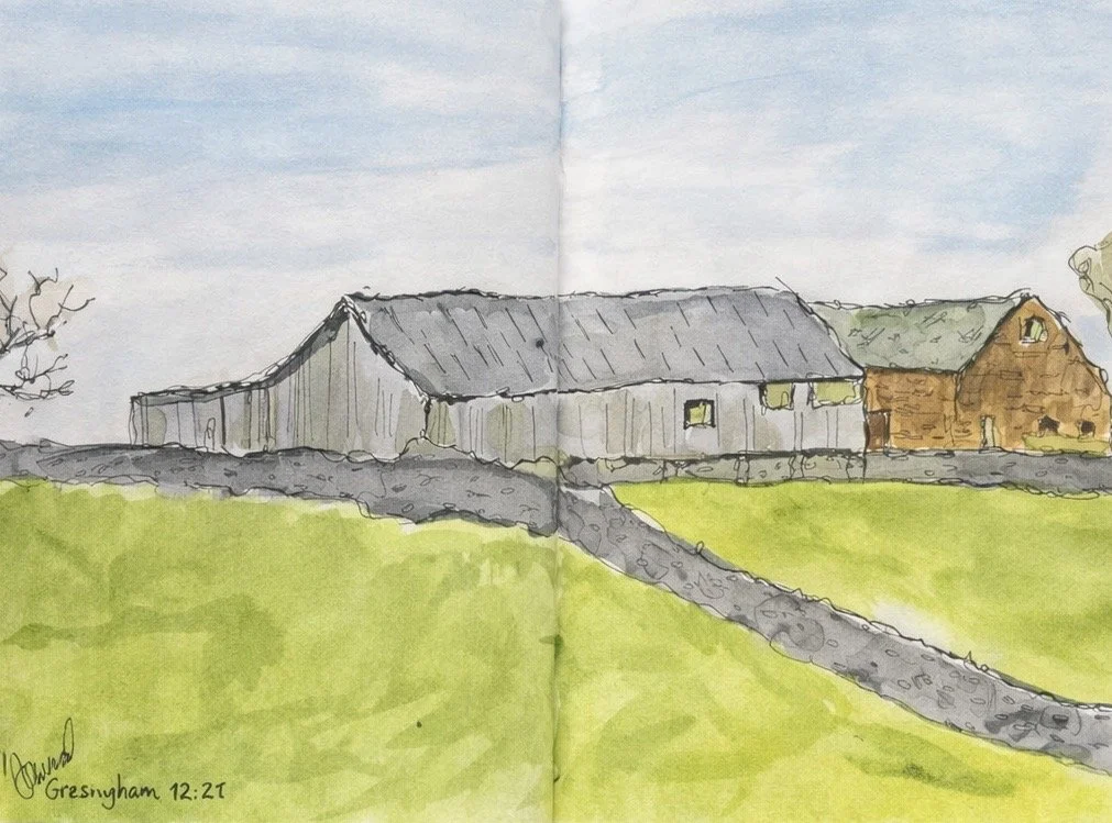 A watercolor illustration of two farm buildings on a grassy landscape with a stone path leading to them, under a partly cloudy sky.