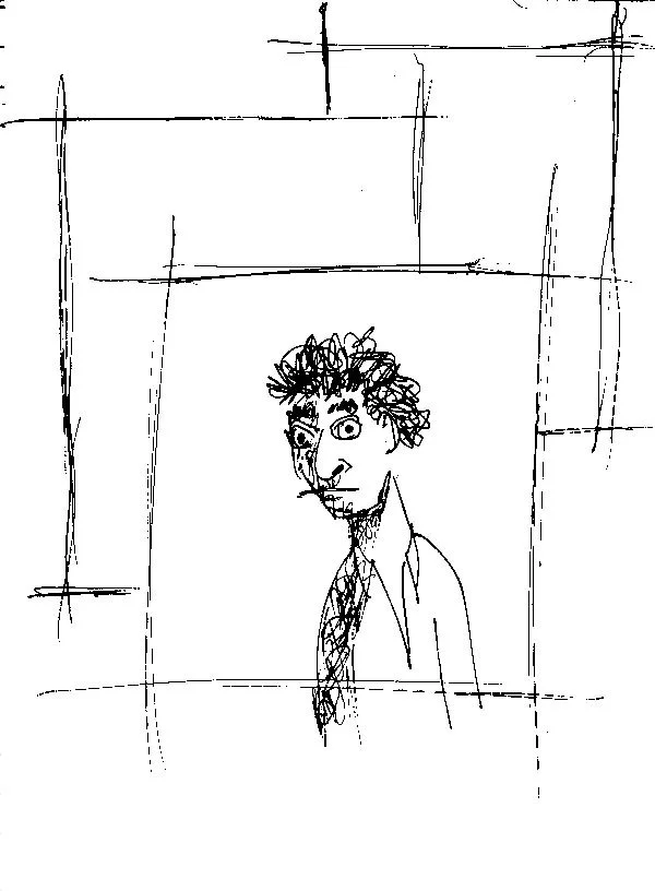 A sketch of a person with curly hair, detailed face, and wearing a jacket, drawn with numerous lines and intersecting lines in the background.