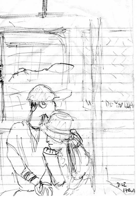 Sketch of a couple kissing with a fabric bag, set against a background of a striped and patterned wall.