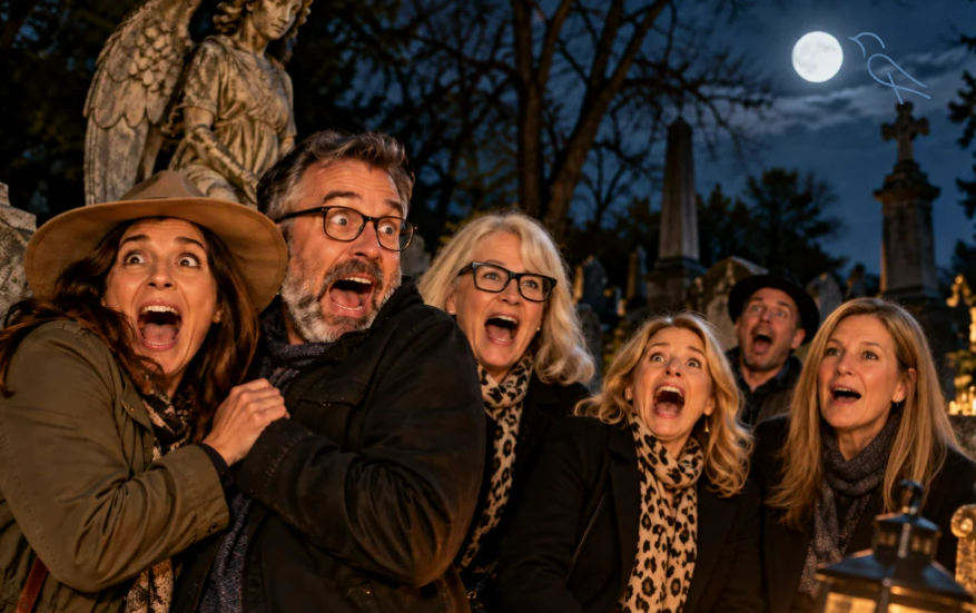 a phot of a group of adults screaming in fear during a cemetary tour for Halloween.