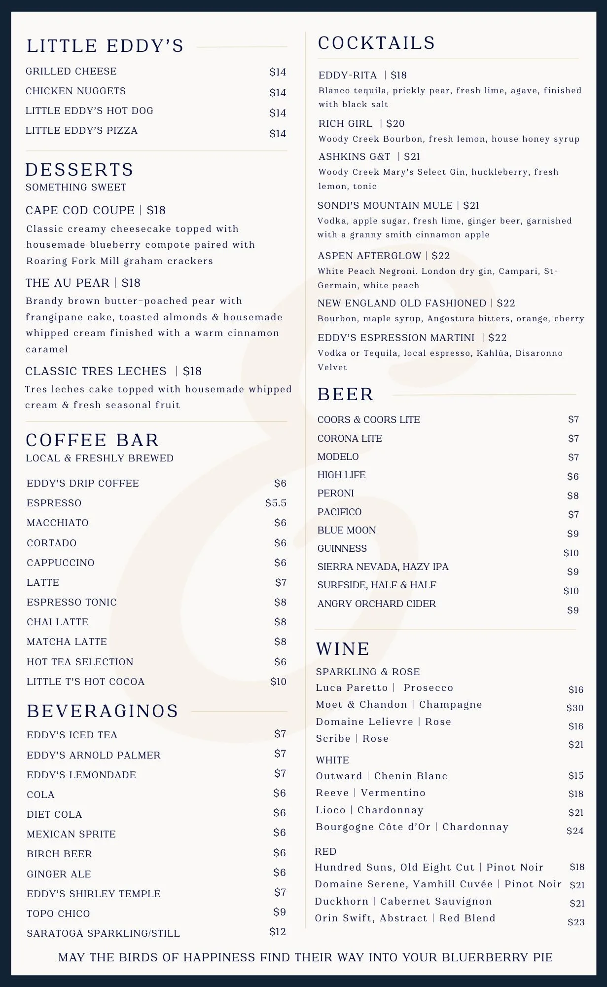 Restaurant menu with sections for Little Eddy's food, desserts, coffee, beverages, cocktails, beer, and wine.