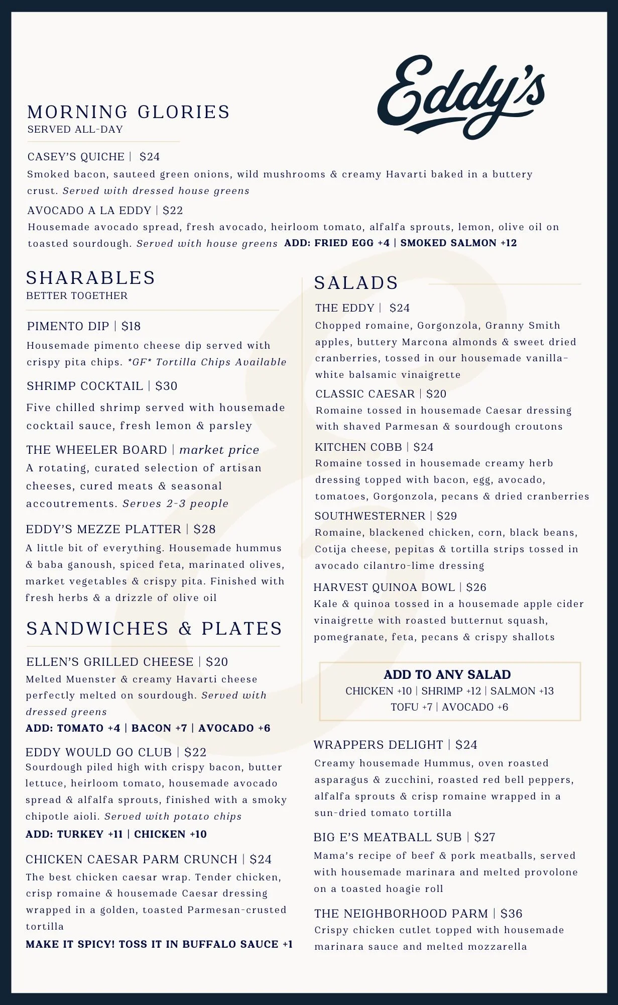 Restaurant menu titled 'Eddy's' featuring breakfast, salads, sandwiches, and plates options, with section headings and dish descriptions.