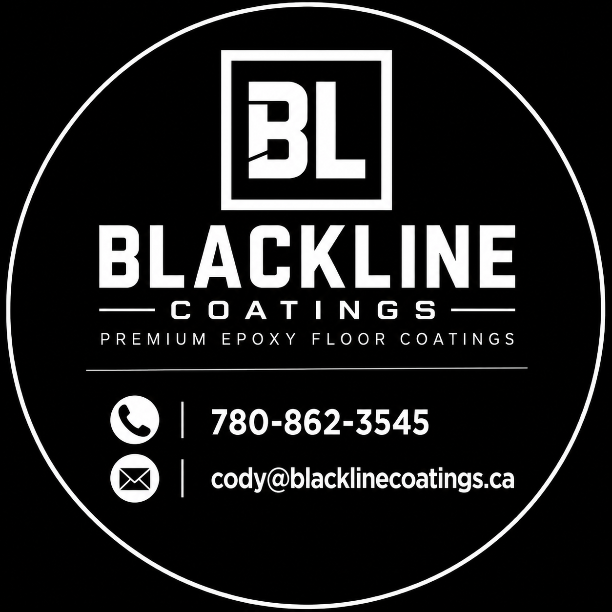 Black and white circular logo for Blackline Coatings, featuring a square with 'BL' initials on top, the company name, a phone icon with the number 780-862-3545, and an email icon with cody@blacklinecoatings.ca