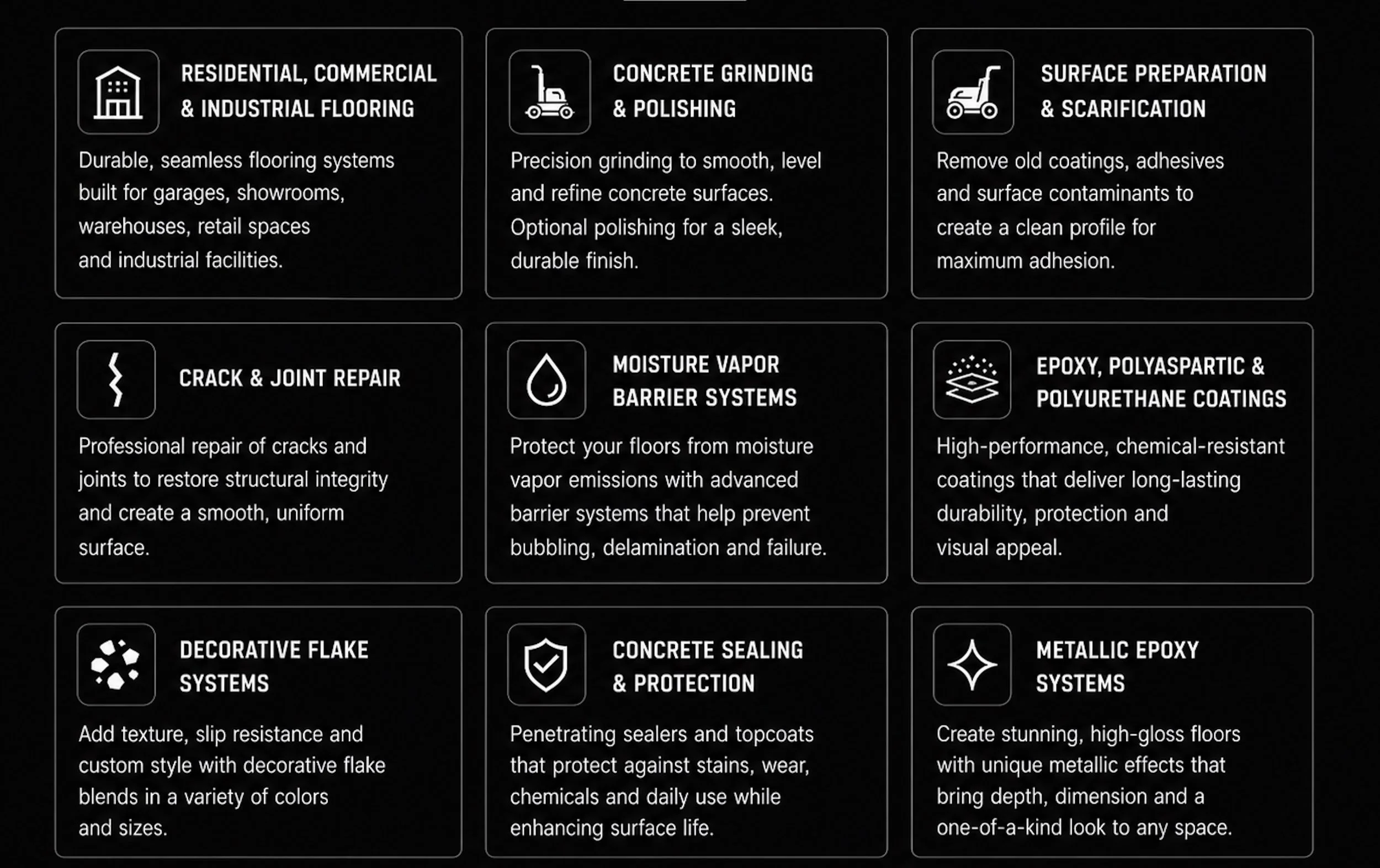 A detailed infographic presenting various flooring and surface preparation services. It includes sections on residential, commercial, and industrial flooring; concrete grinding and polishing; surface preparation and scarification; crack and joint repair; moisture vapor barrier systems; epoxy, polyaspartic, and polyurethane coatings; decorative flake systems; concrete sealing and protection; and metallic epoxy systems.