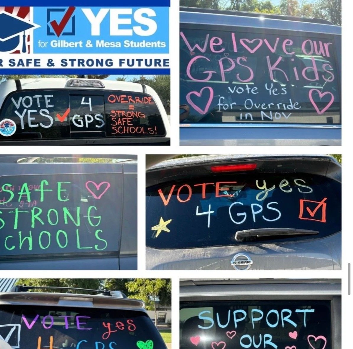 Multiple vehicles with hand-written signs supporting a political campaign for Gilbert & Mesa students, mainly advocating for voting yes on 4 GPS, with messages such as "vote yes 4 GPS," "safe & strong schools," and "support our kids," decorated with hearts, stars, and checkmarks.
