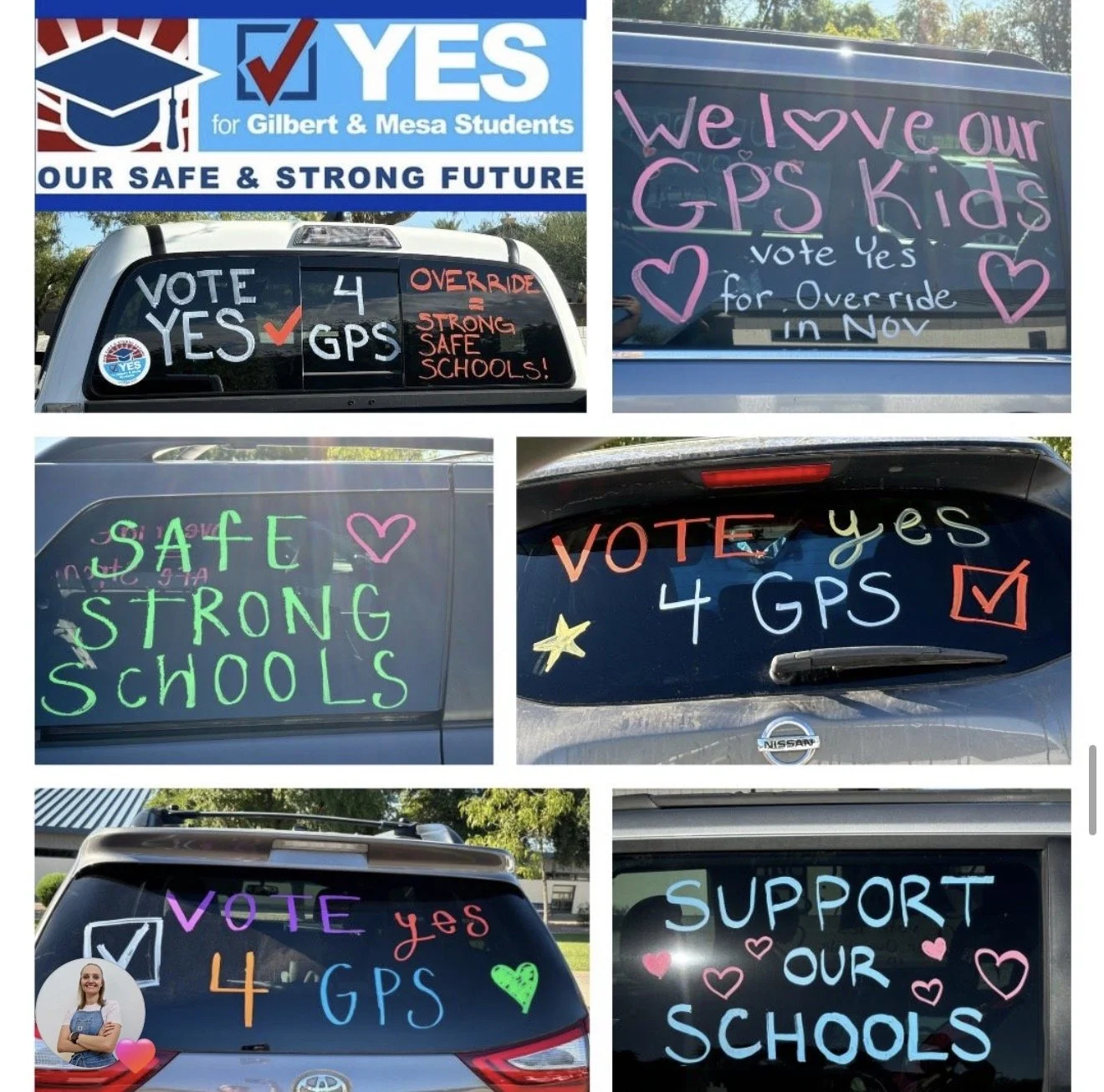 Photo including lots of slogans and windows painted with positive messages Vote Yes 4 GPS