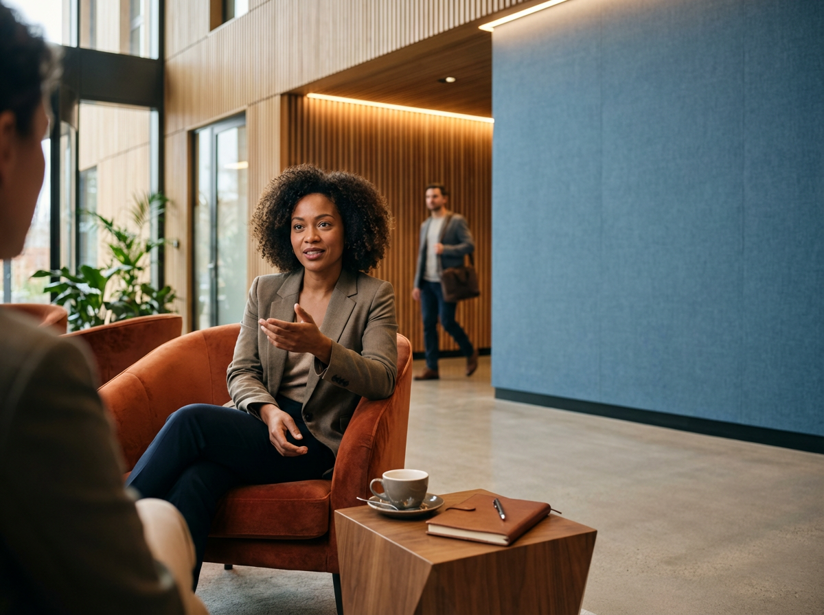 Businesswoman in a gray blazer having a conversation with another person in a modern, brightly lit office lounge. Coffee cup, notebook, and pen on a small wooden table in front of her. A man with a briefcase walks in the background.